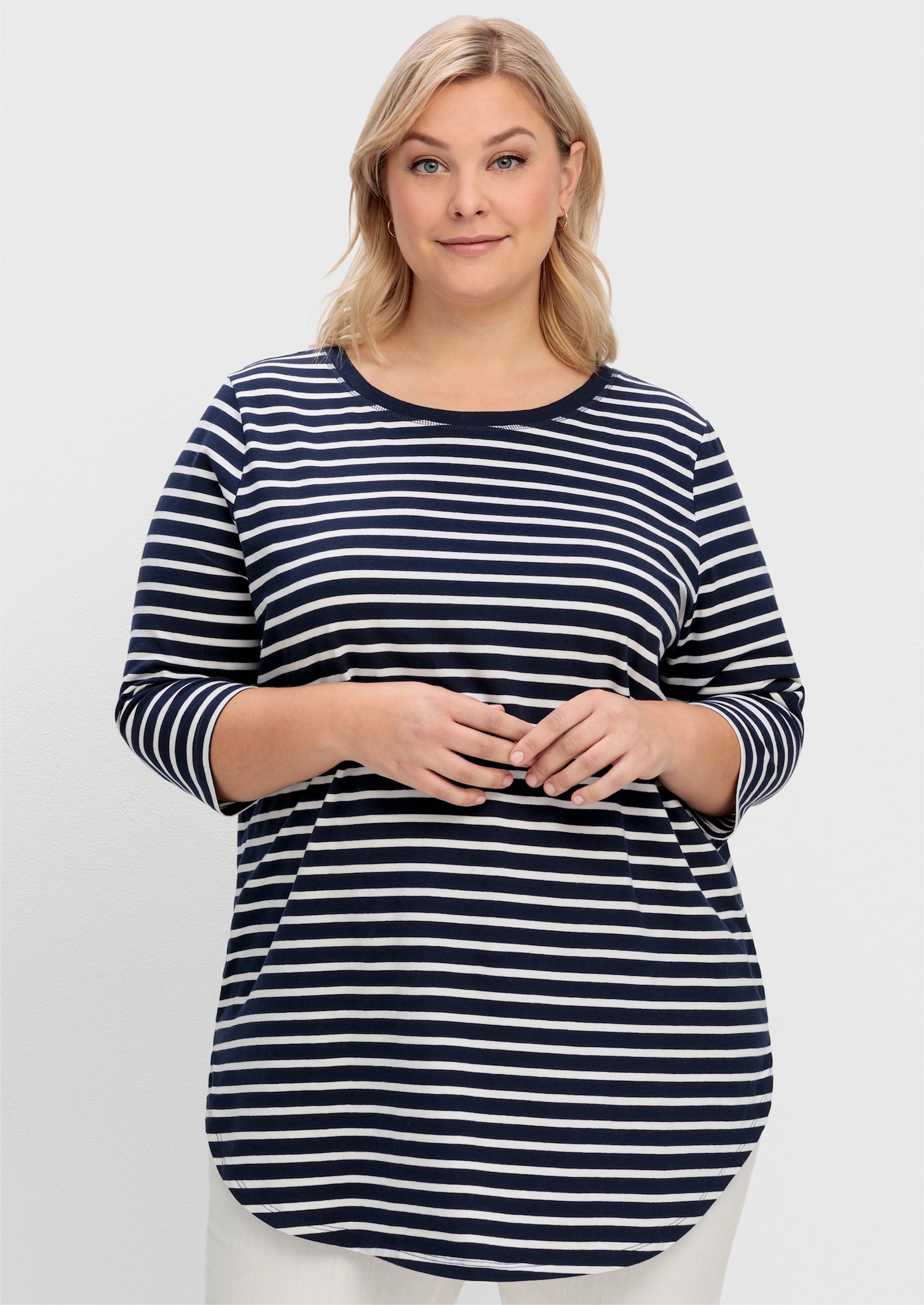 sheego Lang shirt met strepen - marine/wit