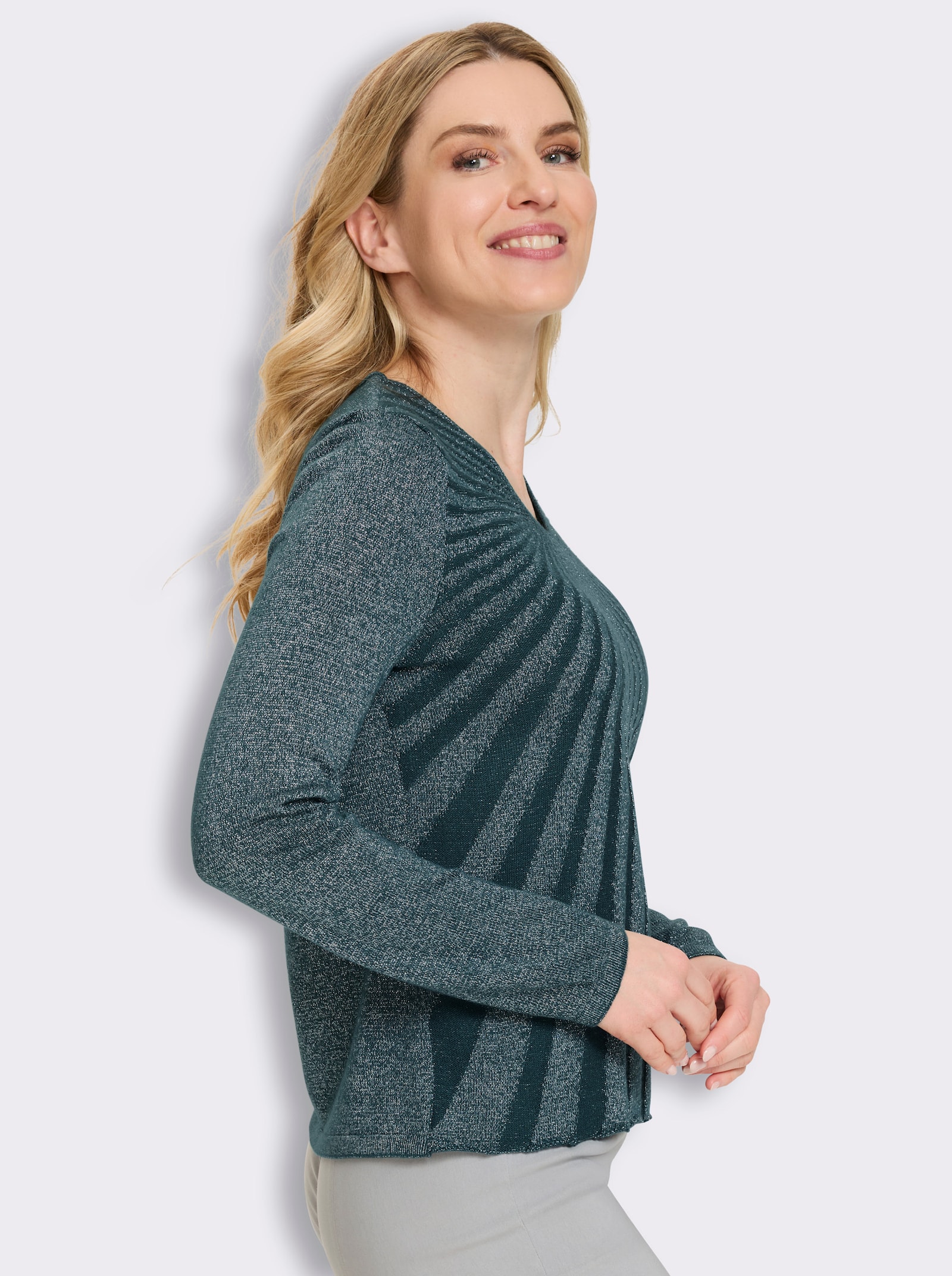 V-Ausschnitt-Pullover mit Glanzgarn - petrol-silberfarben