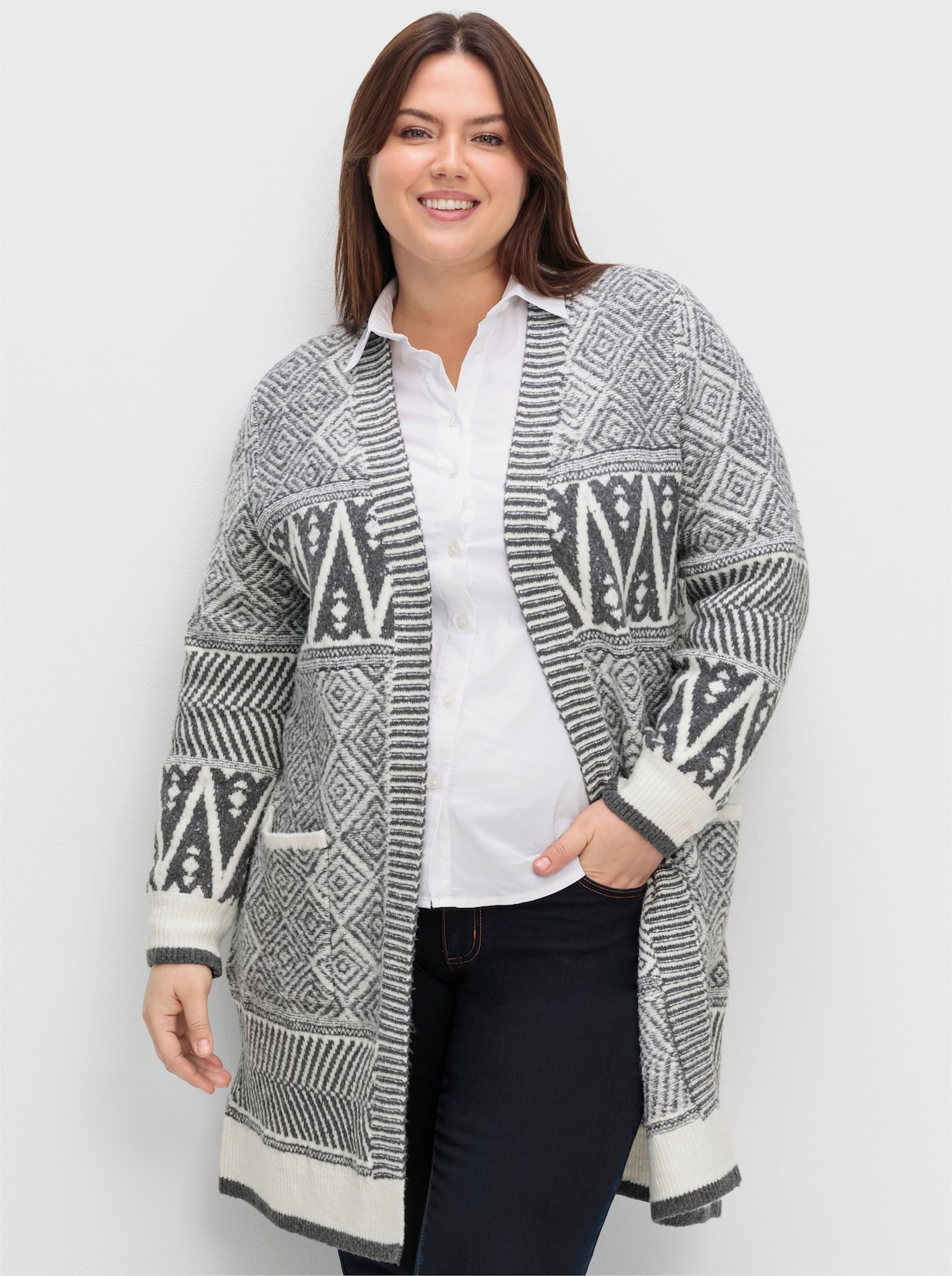 sheego by Joe Browns Lang gebreid vest - grijs
