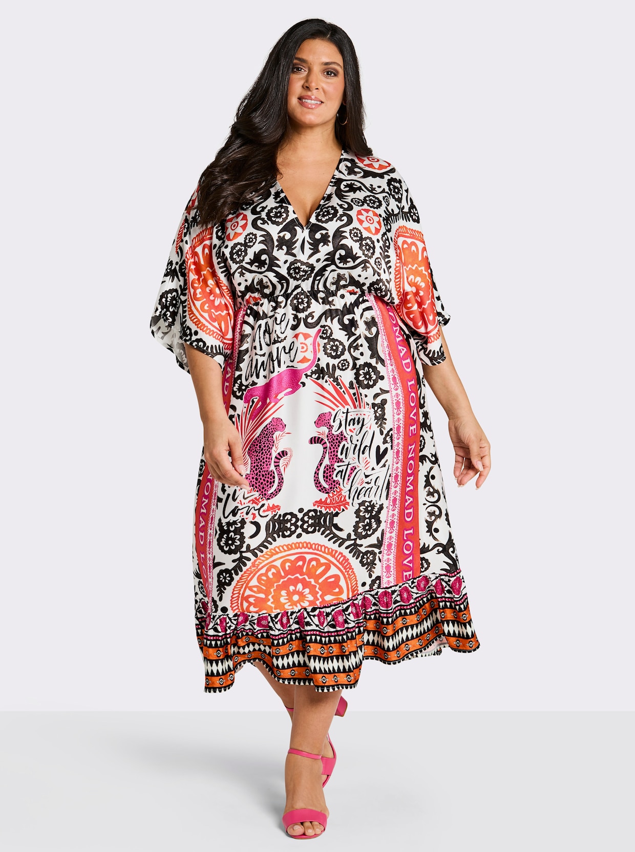 sheego loves miss goodlife Druckkleid mit luftigen Halbärmeln - ecru-schwarz-bedruckt