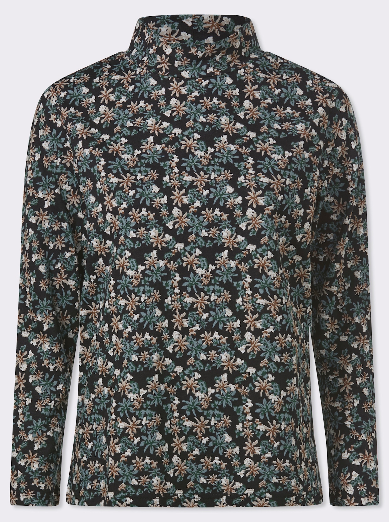 Stehkragenshirt mit Blumen-Druck allover - moos-sesam-bedruckt