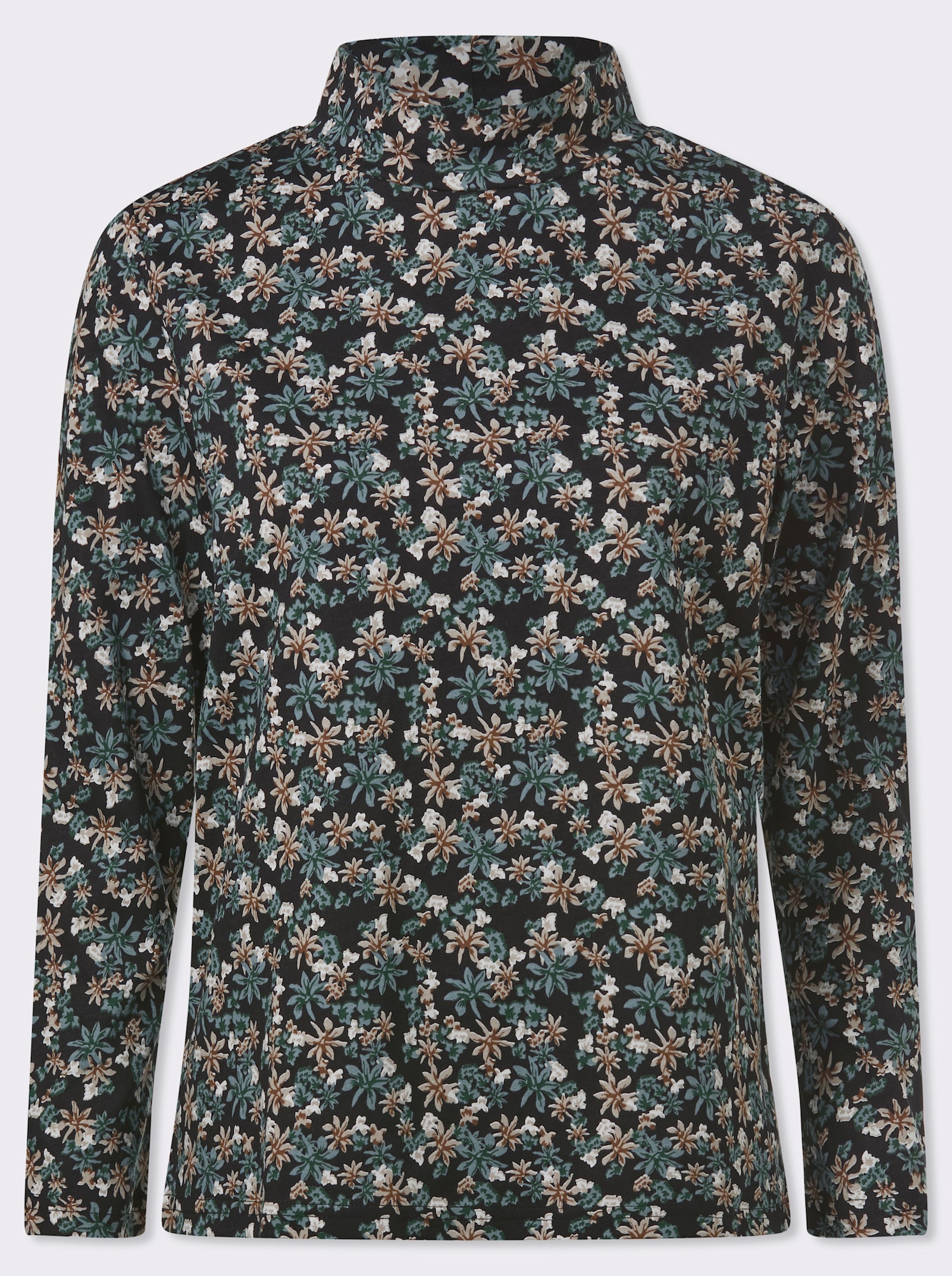 Stehkragenshirt mit Blumen-Druck allover - moos-sesam-bedruckt