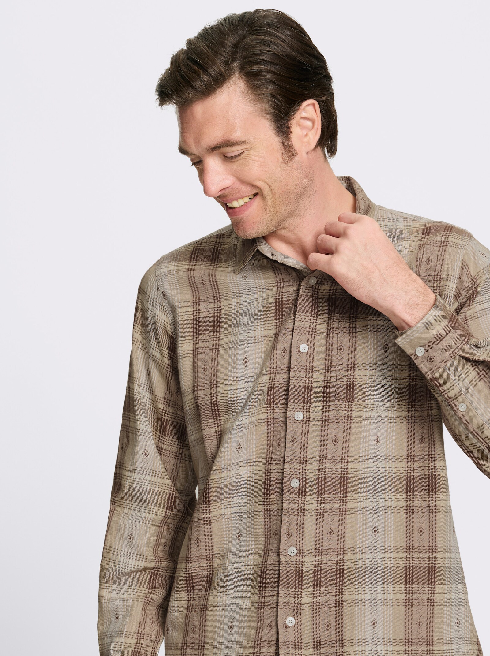 Catamaran Langarmhemd mit Tracht-Elementen - beige-kariert