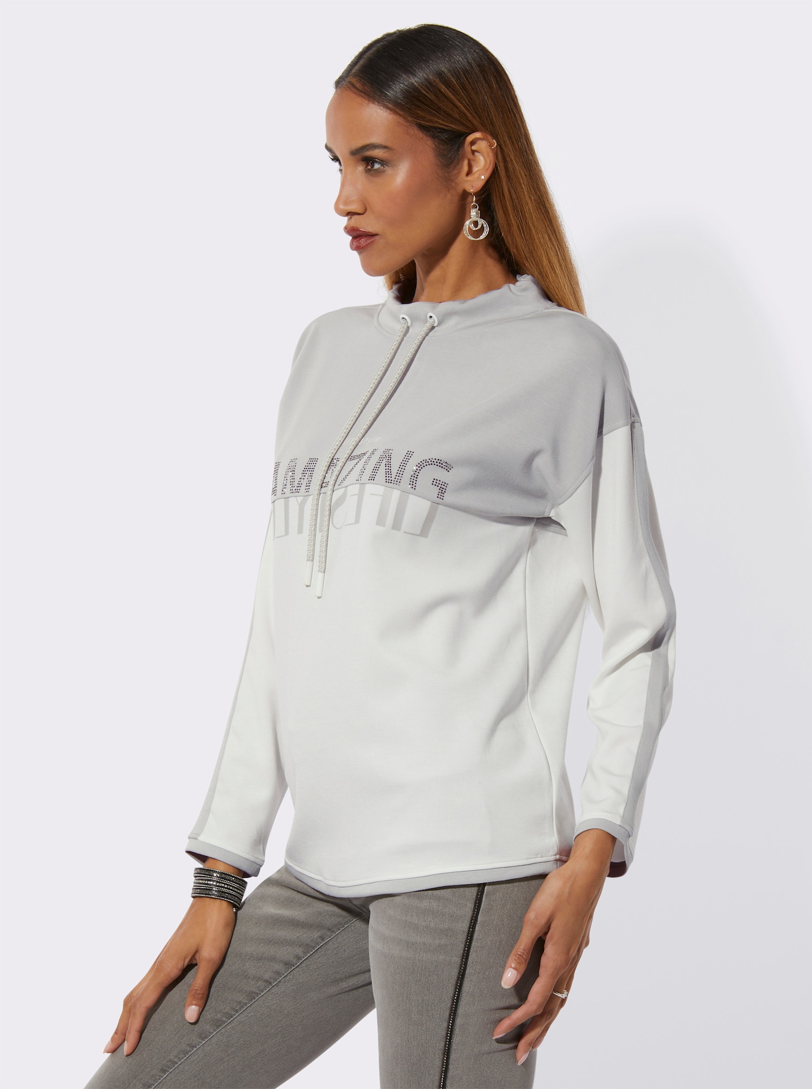 Sweatshirt mit Ziersteinchen - ecru-hellgrau