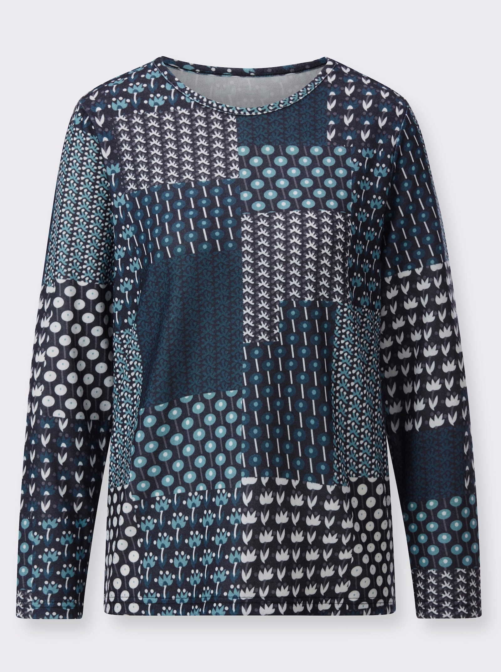 Langarmshirt mit Druck in Patch-Optik - petrol-schwarz-bedruckt