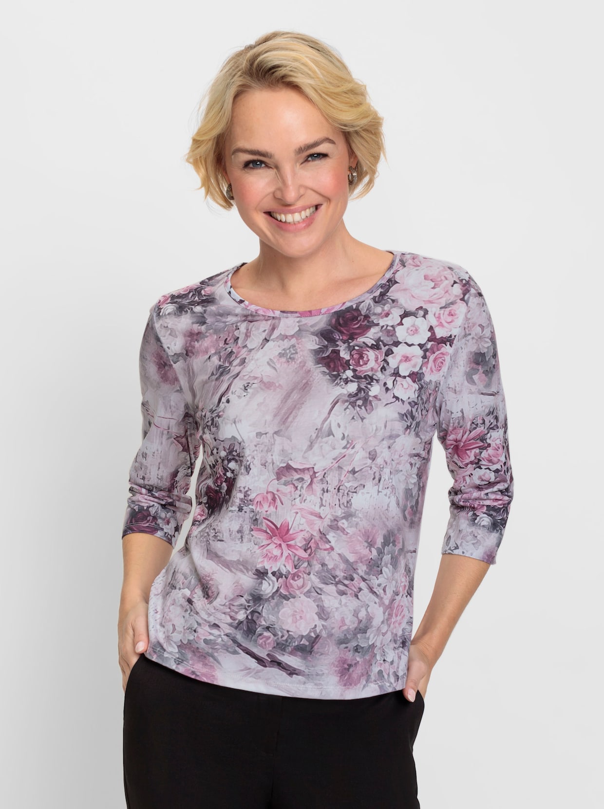 Shirt met ronde hals - roze/steengrijs bedrukt