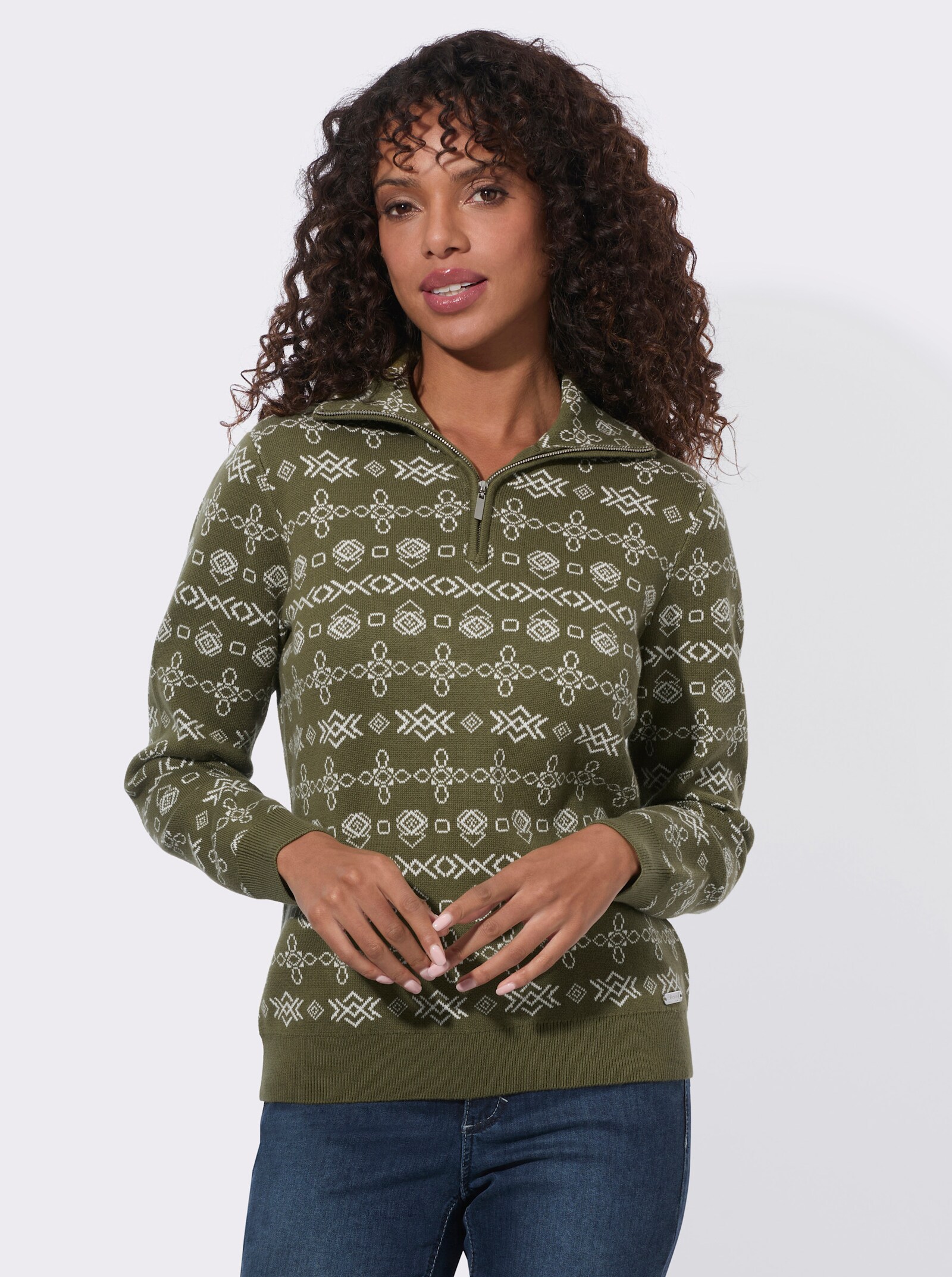 Jacquard-Pullover mit geripptem Saum - oliv-ecru-gemustert