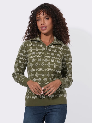Jacquard-Pullover mit geripptem Saum - oliv-ecru-gemustert