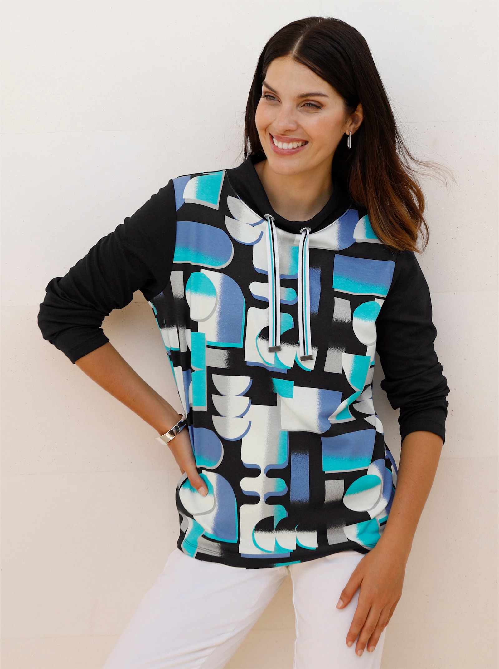 Sweatshirt mit halsfernem Stehkragen - türkis-schwarz-bedruckt