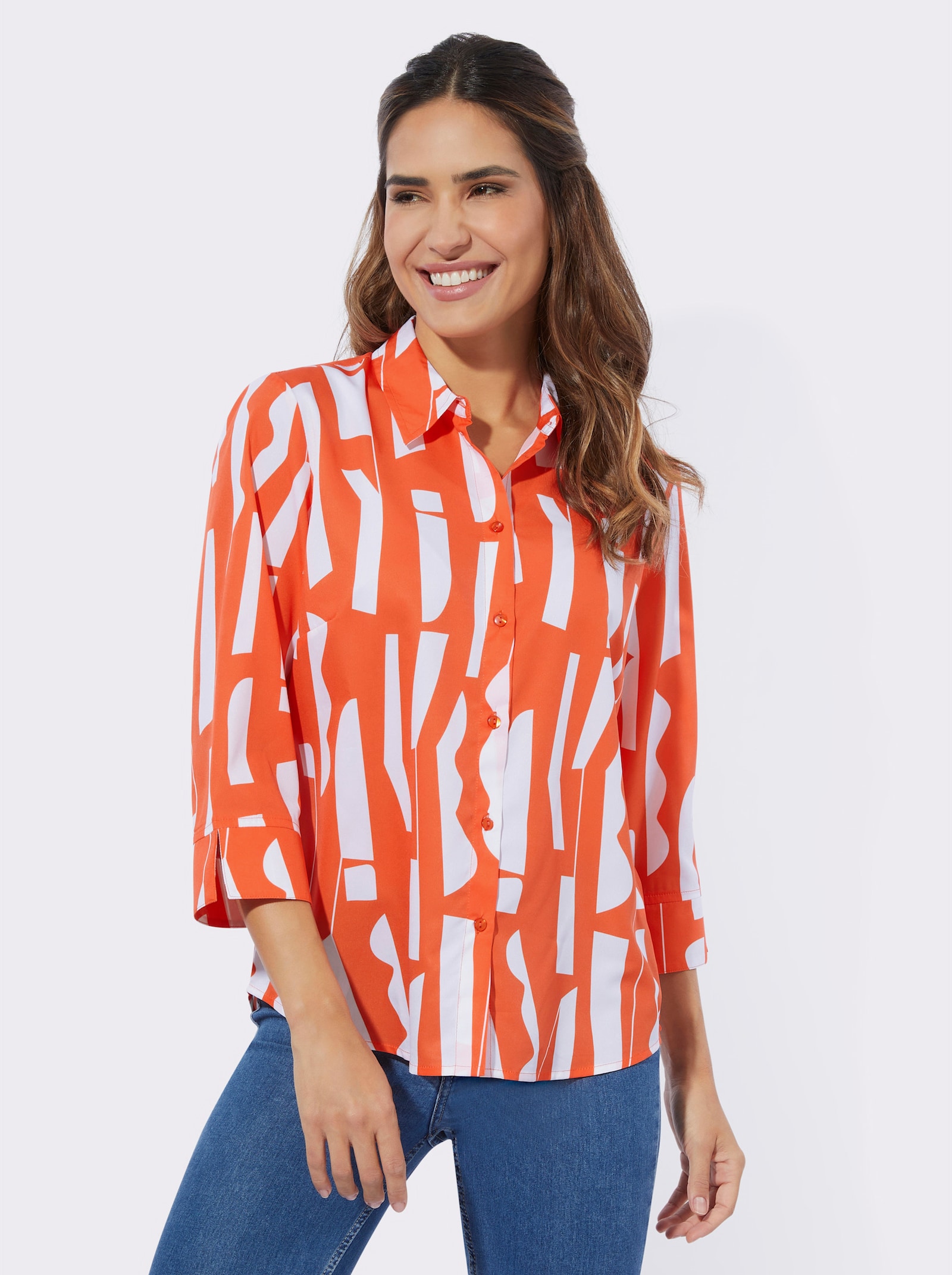 Overhemdblouse met grafisch patroon - oranje-ecru bedrukt