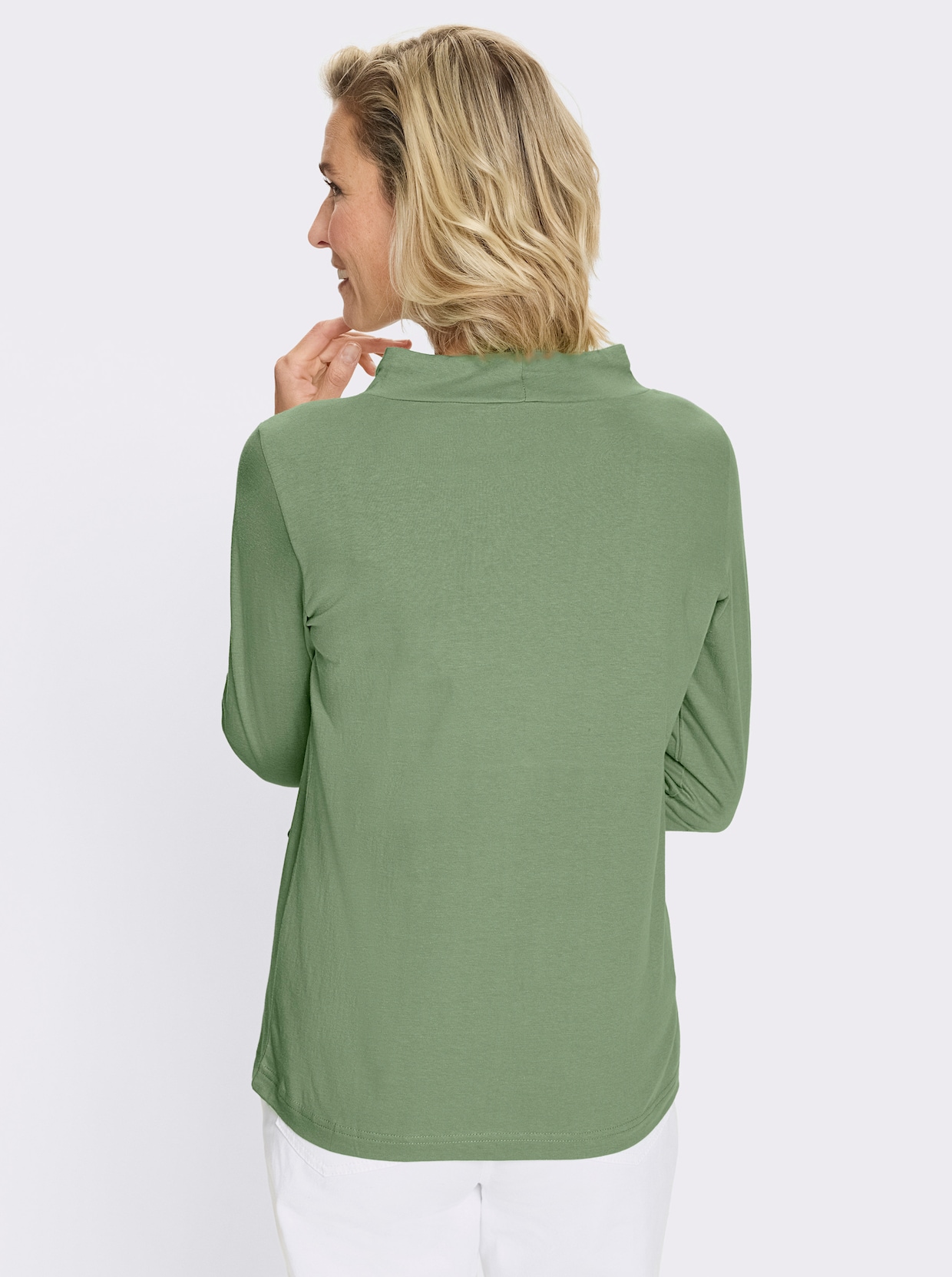 Langarmshirt mit Bindeband am Ausschnitt - eucalyptus