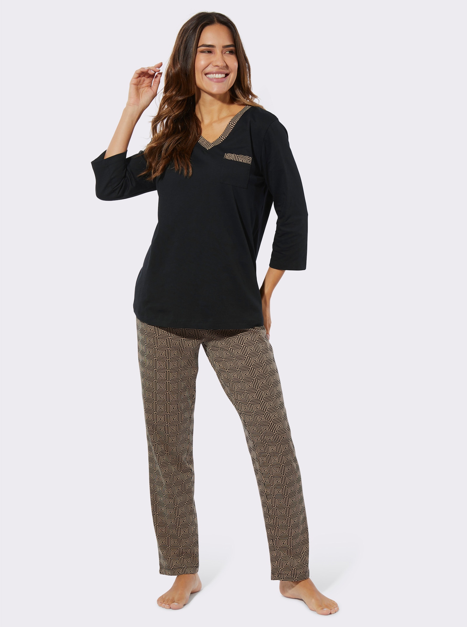 Pyjamas med hel resårlinning - svart-kamel, med tryck