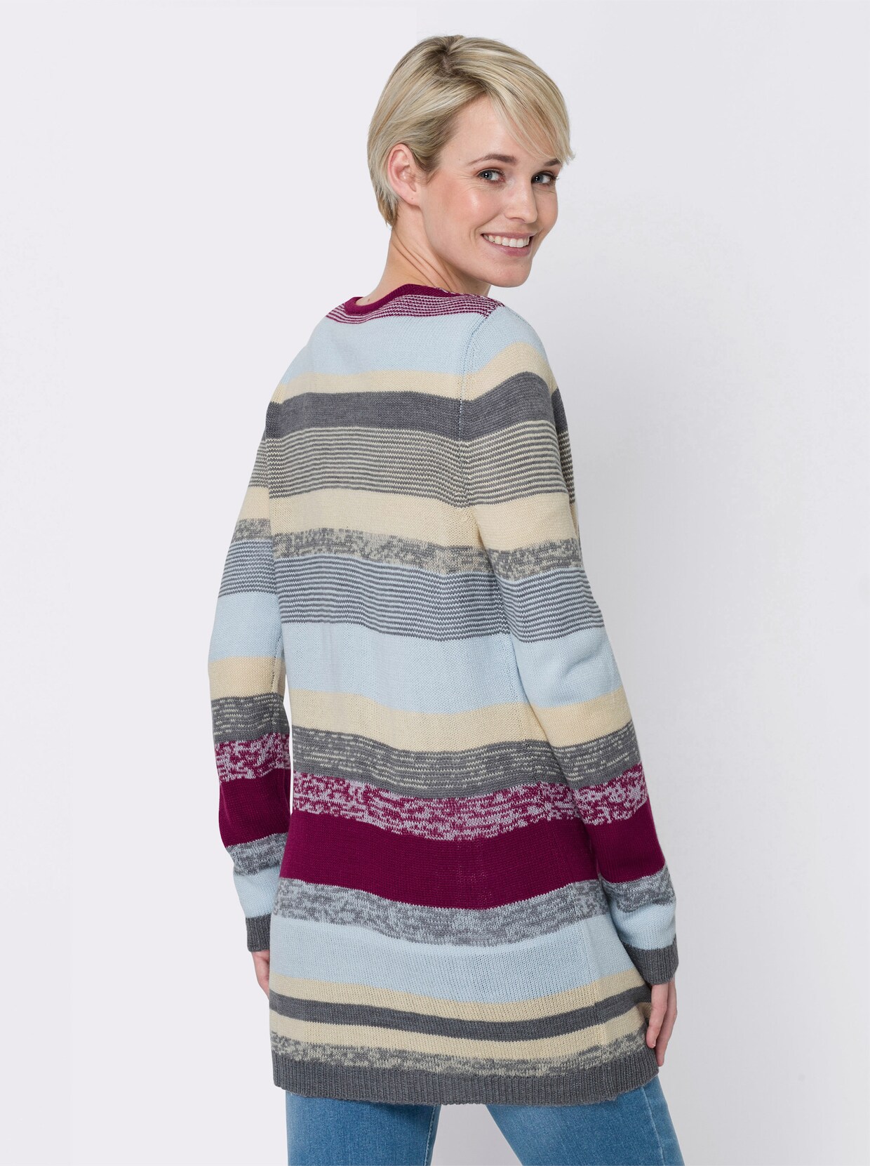 Lang gebreid vest - ijsblauw/mauve gedessineerd