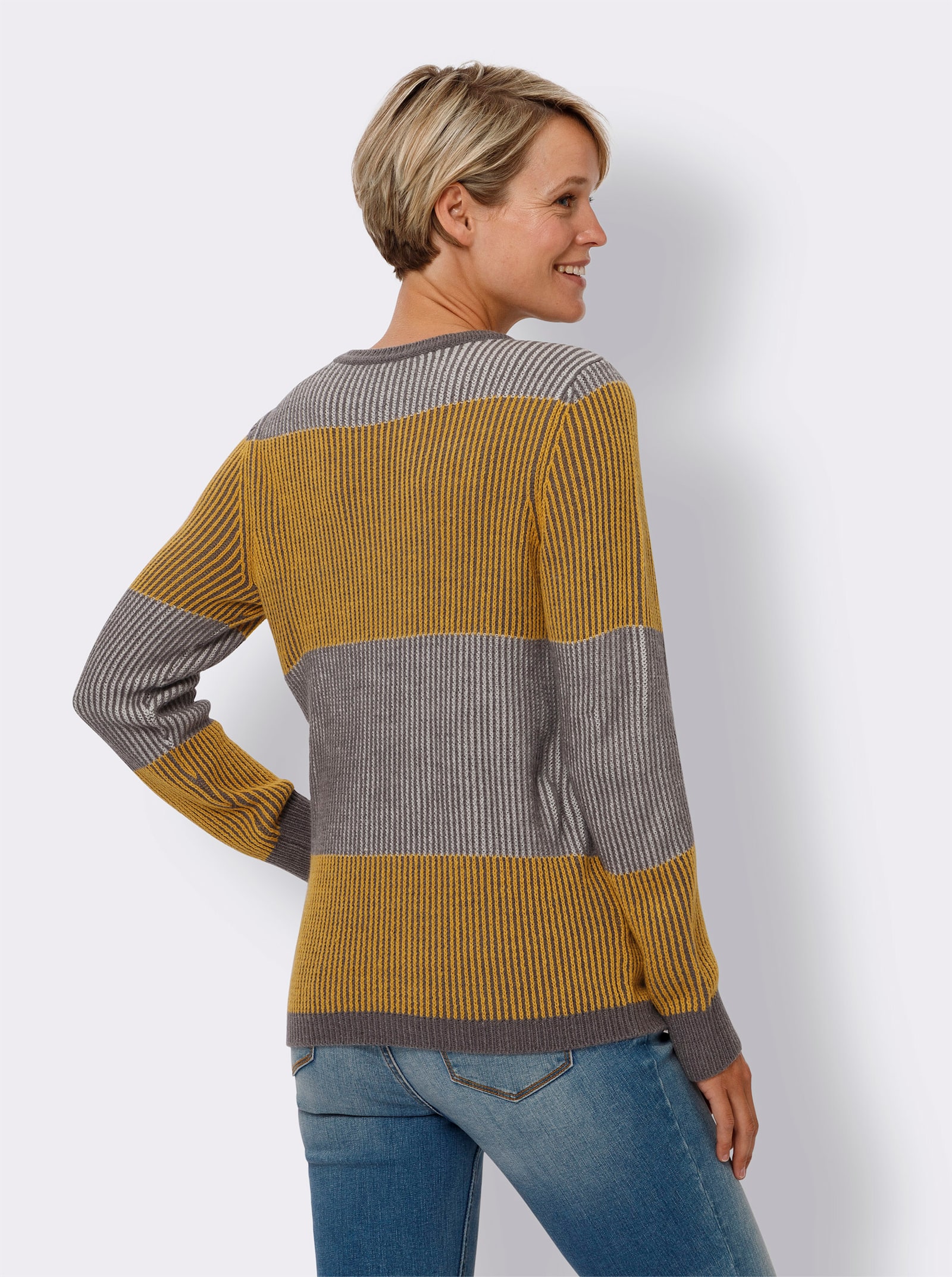 Pulóver, okrúhly výstrih, pruhy - antracitová – melír – okerová – vzor