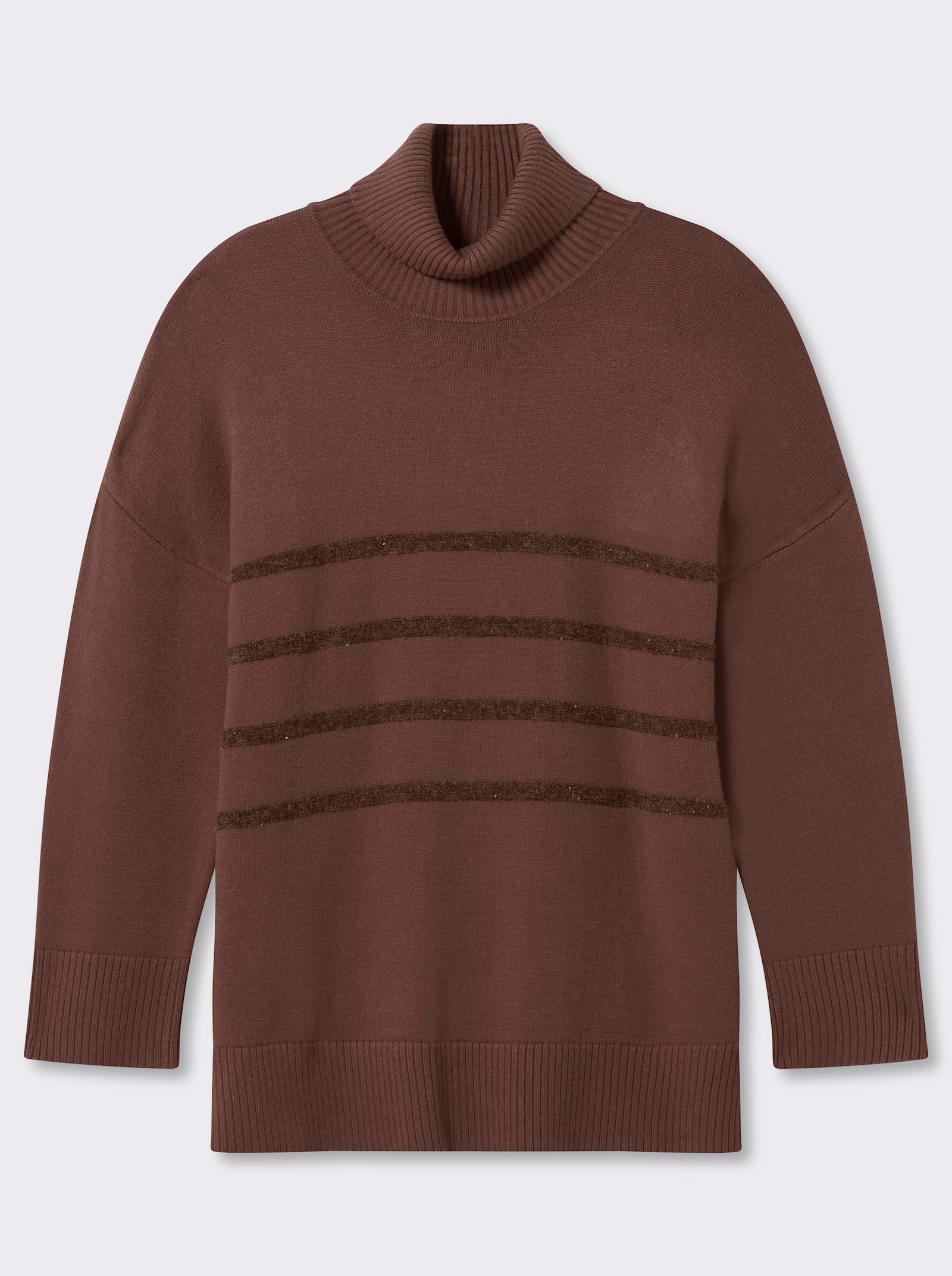 sheego Rollkragenpullover mit Pailletten-Streifen - schoko