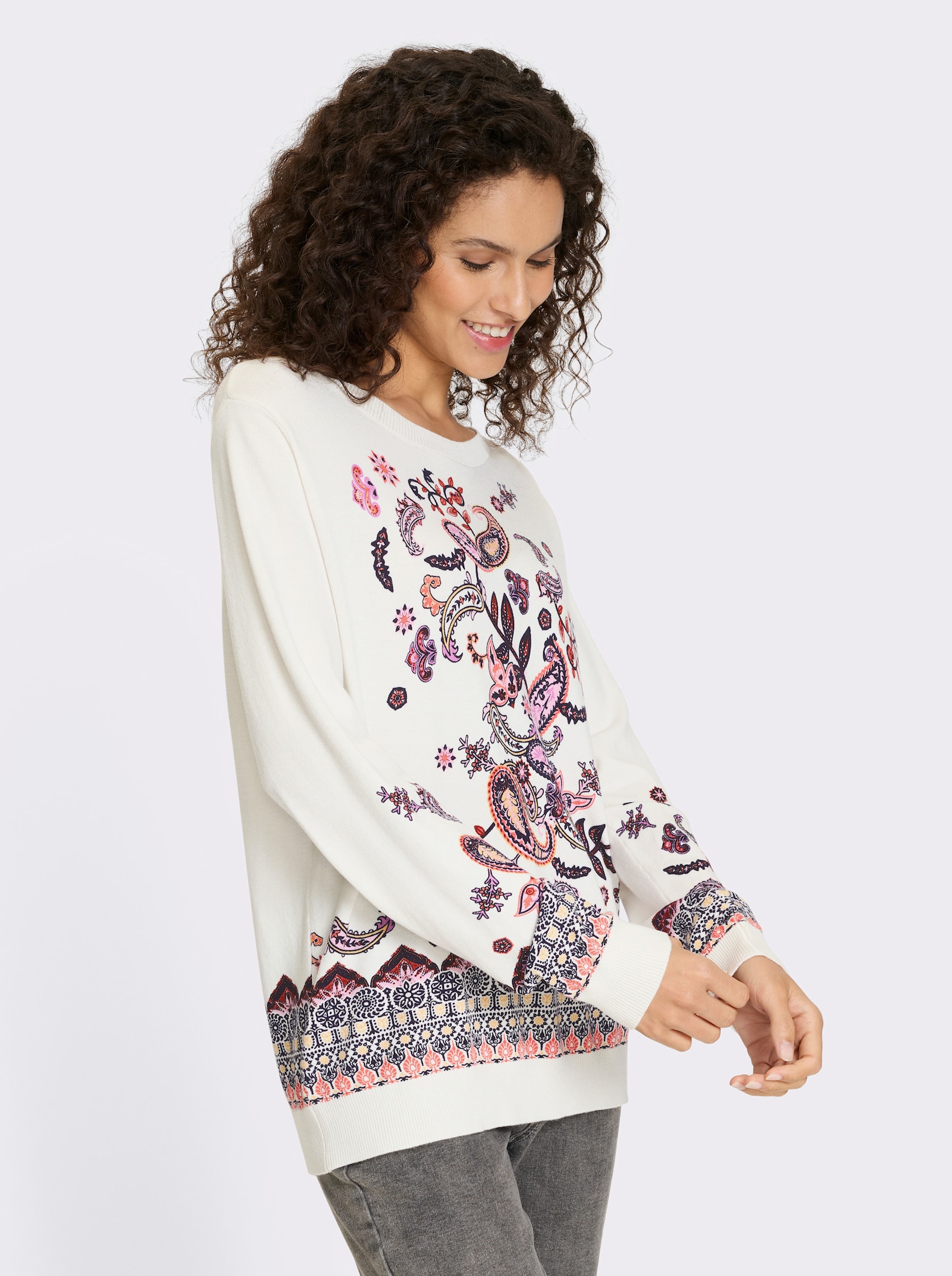 heine Feinstrickpullover mit Floral-Print - ecru-rosenholz-bedruckt