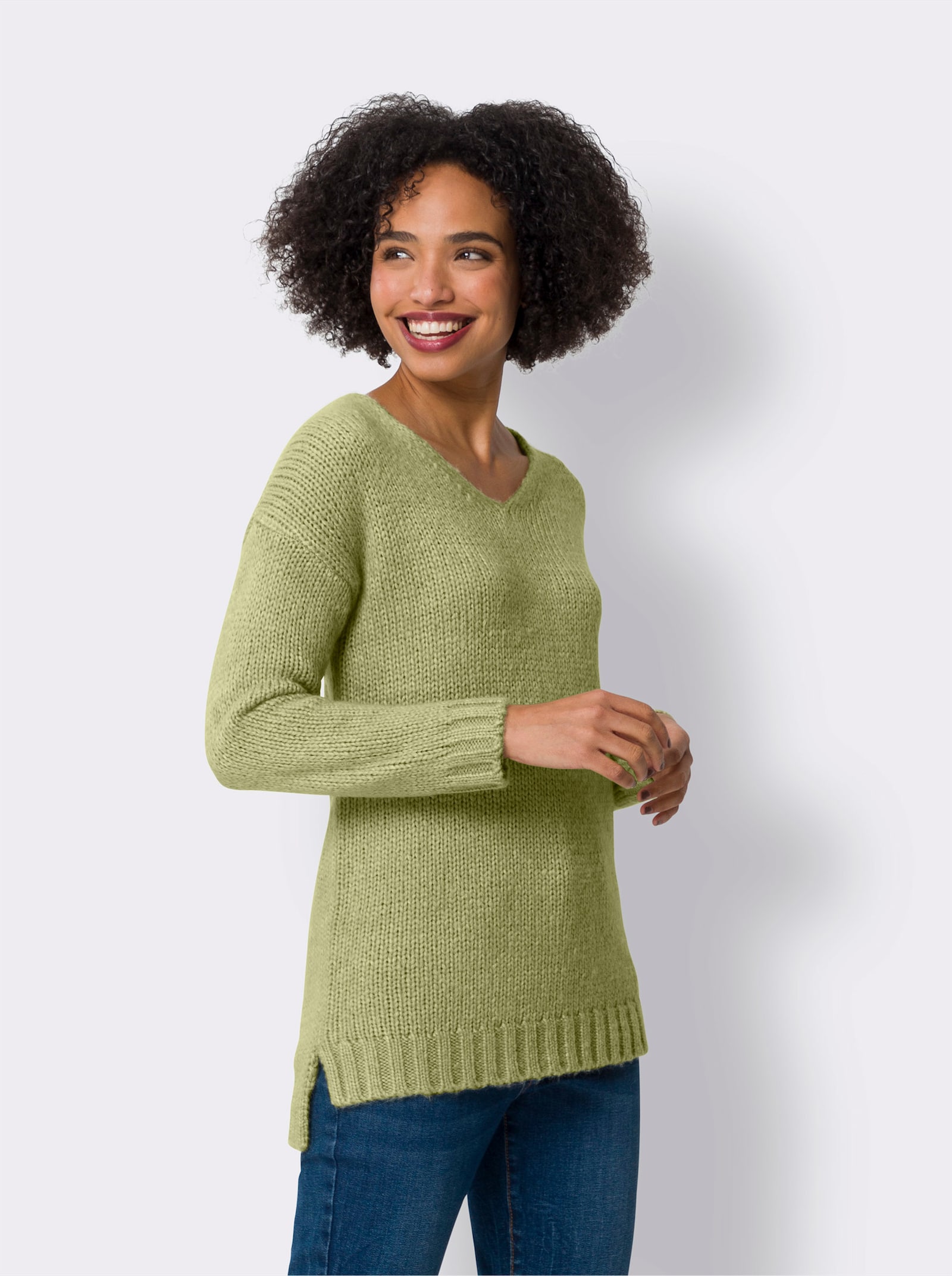 heine V-Ausschnitt-Pullover mit Seitenschlitzen - lindgrün-meliert