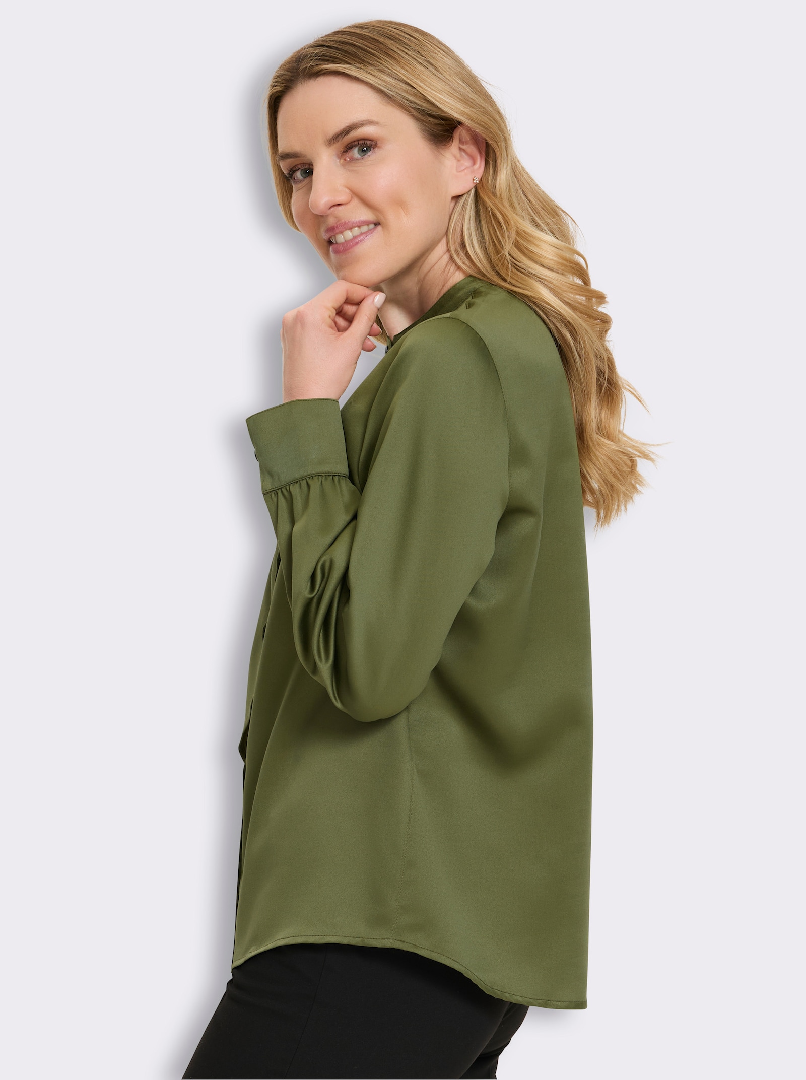Langarm-Bluse mit Volant - oliv