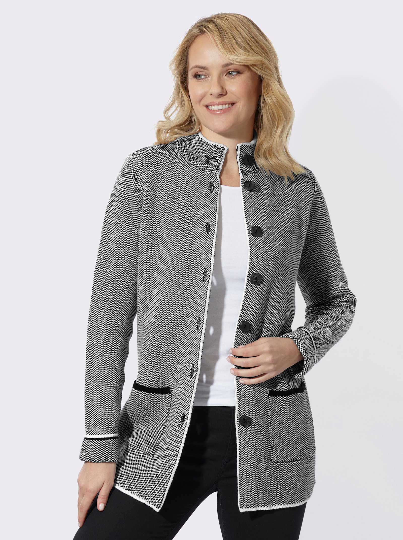 Longstrickjacke in Salz- & Pfeffer-Optik - ecru-schwarz-gemustert