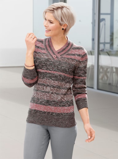 V-Ausschnitt-Pullover aus Melangegarn - lachs-anthrazit-geringelt
