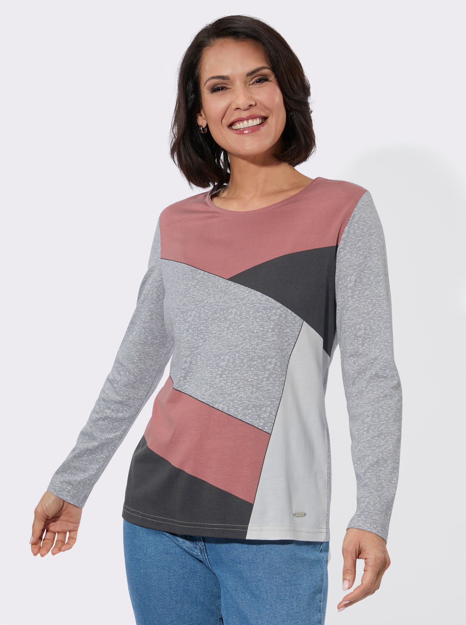 Langarmshirt im Baumwoll-Modal-Mix - steingrau-rosenholz-bedruckt