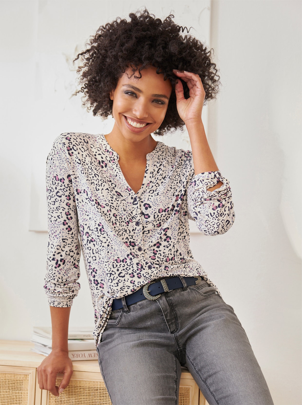 heine Jerseyblouse - ivoor/oudroze bedrukt