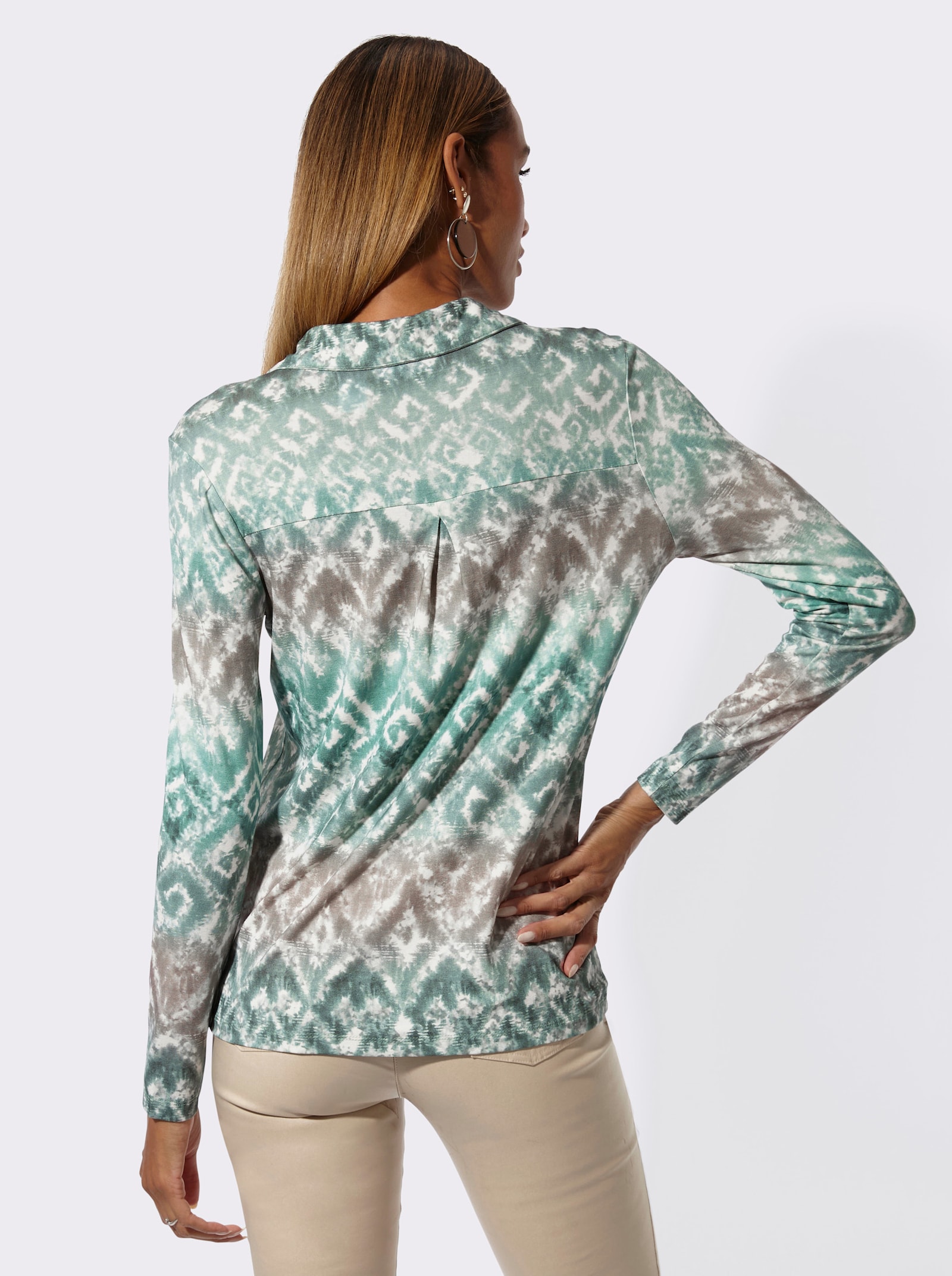 Langarmshirt mit Polokragen - ecru-grau-bedruckt