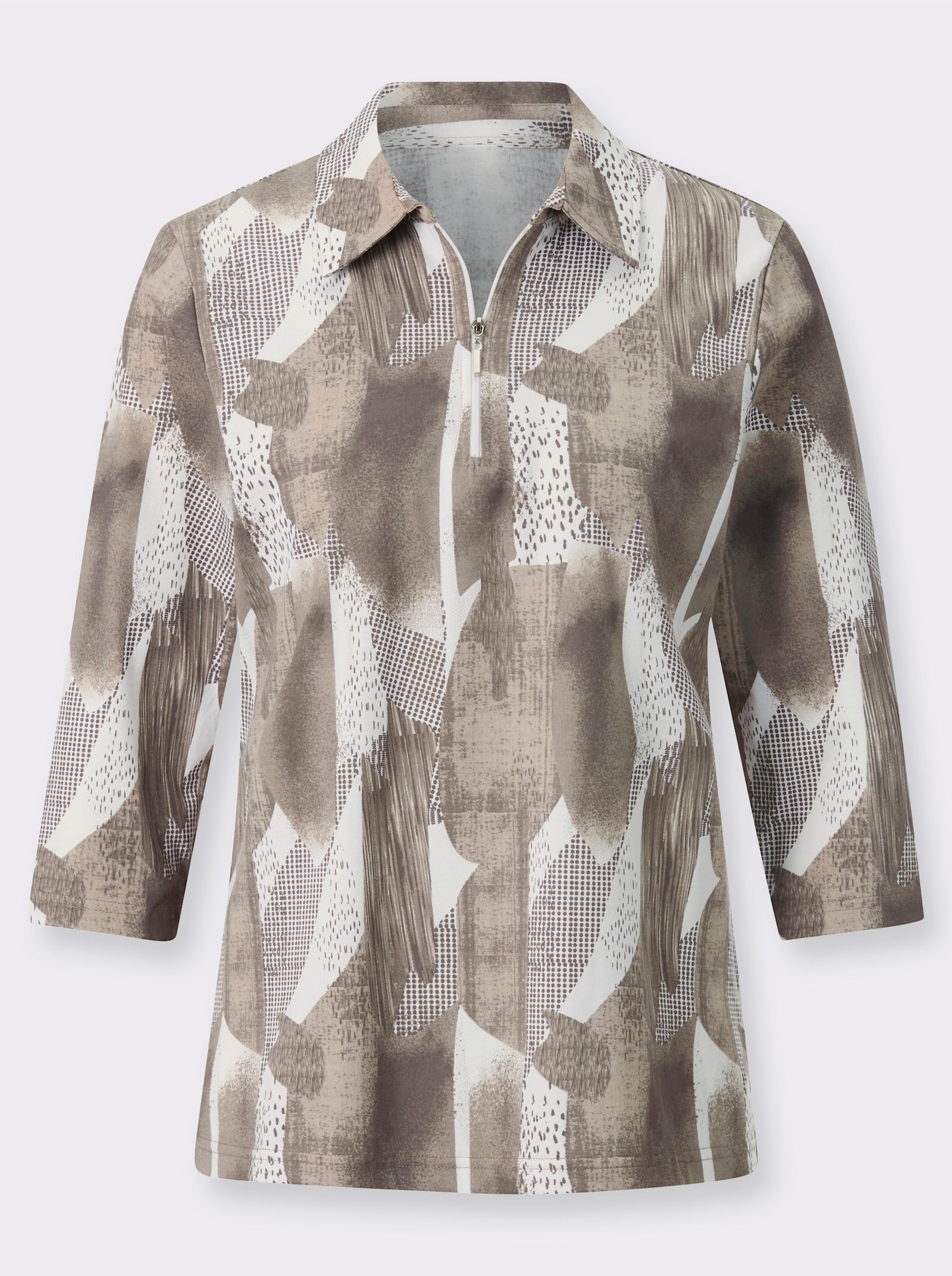 Poloshirt mit kurzem Reissverschluss - sesam-weiss-bedruckt