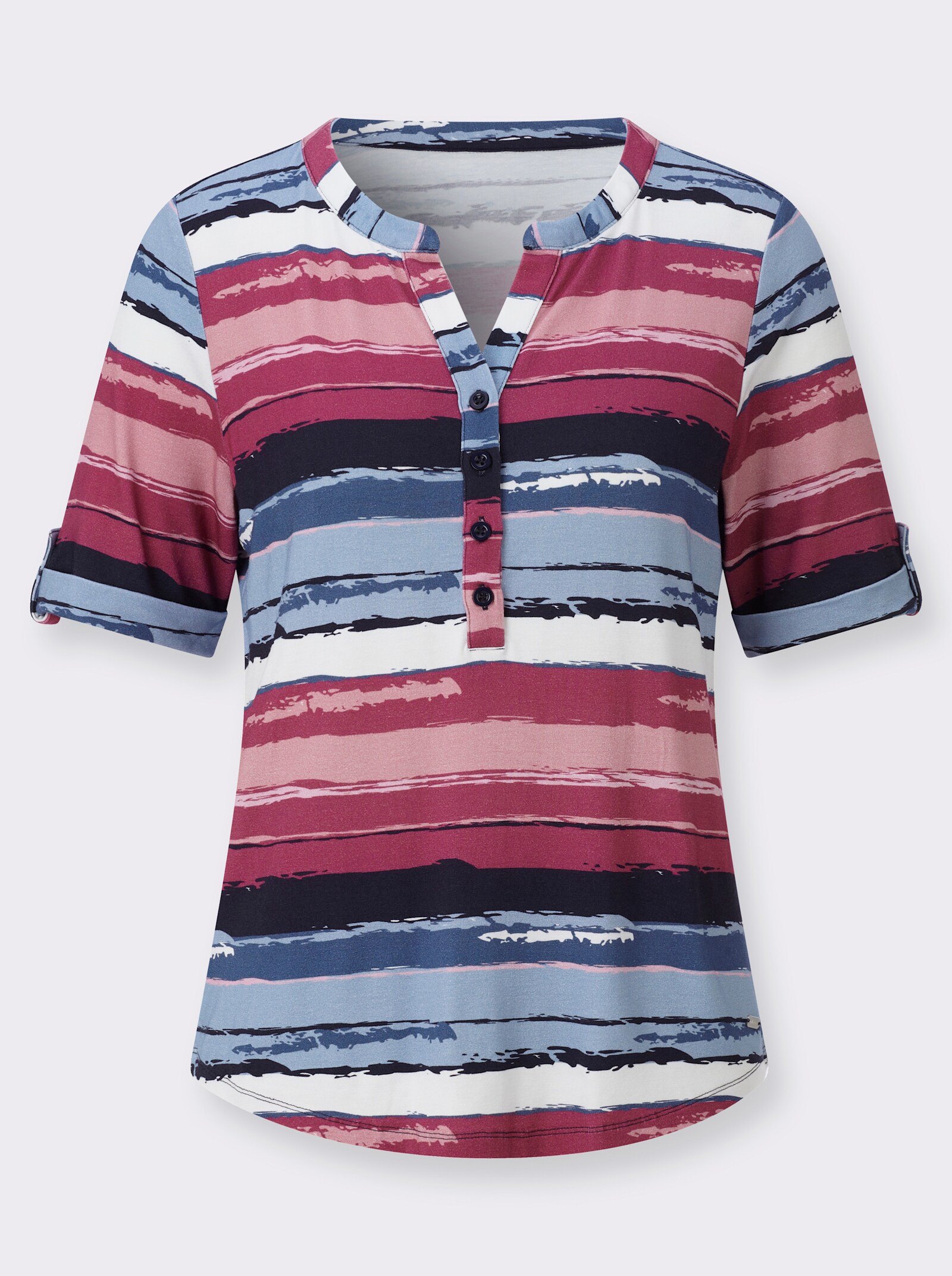 Rundhalsshirt mit kurzer Knopfleiste - rosé-marine-bedruckt