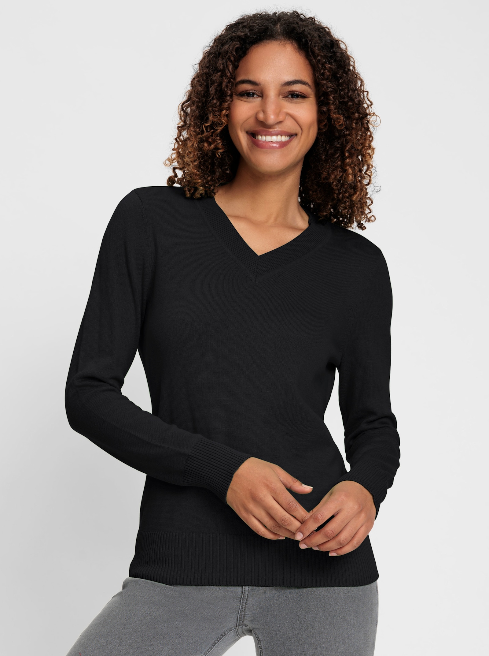 V-Ausschnitt-Pullover aus Feinstrick - schwarz