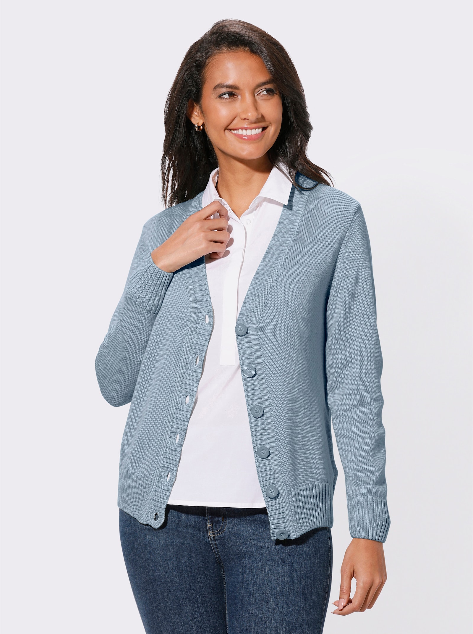 Strickjacke mit farblich abgestimmten Knöpfen - eisblau