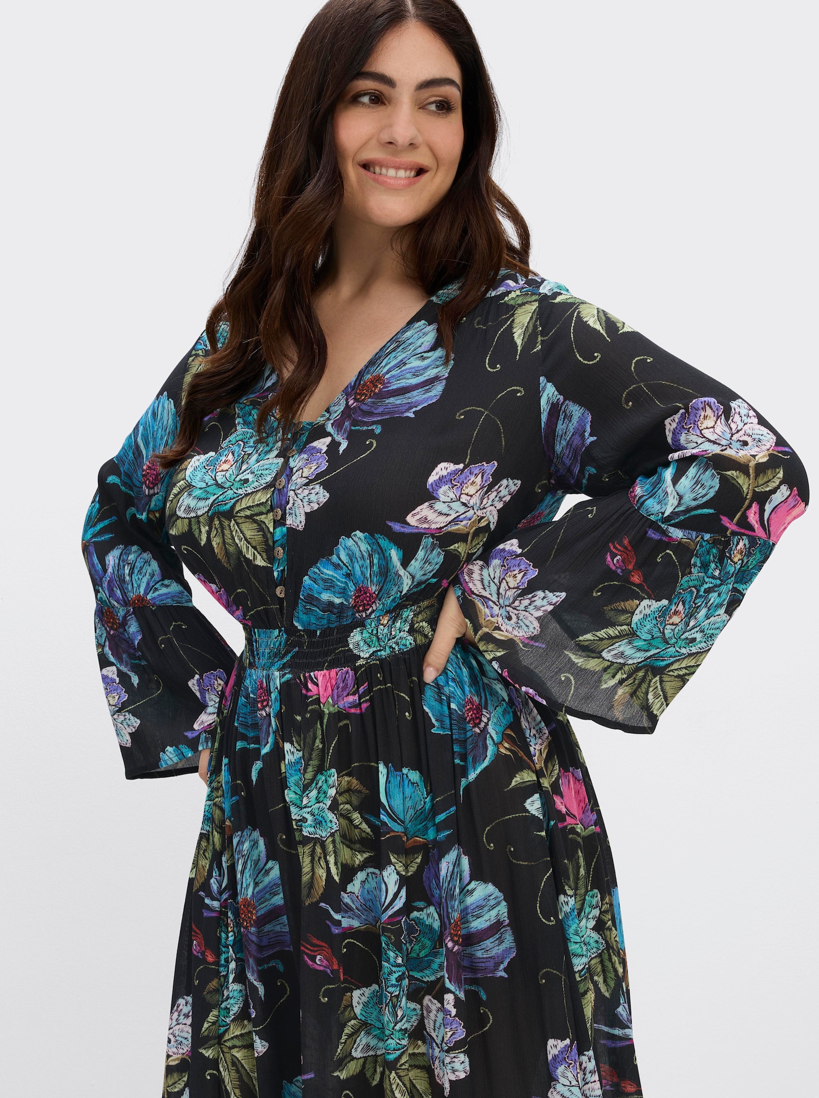 sheego by Joe Browns Volantkleid mit Blumenprint - schwarz-aubergine-gemustert