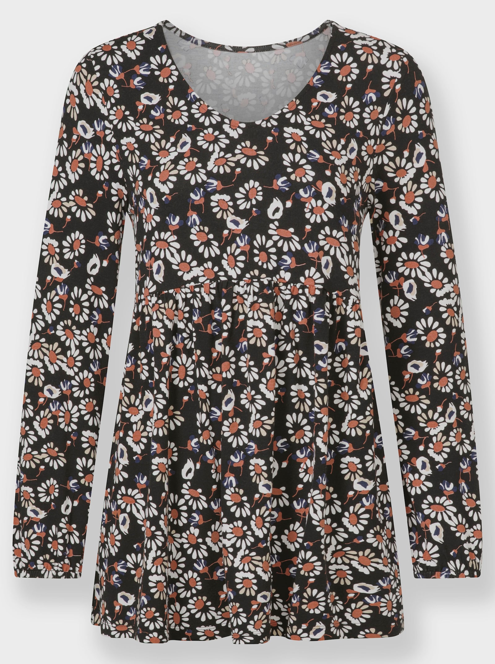 Tunikashirt in A-Linie - schwarz-papaya-bedruckt