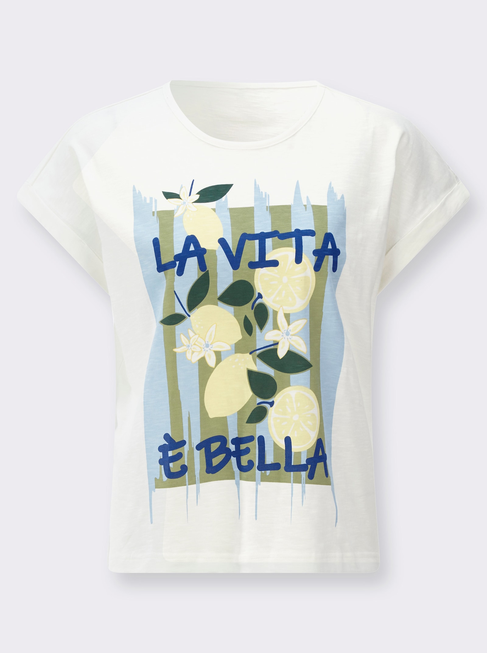 Shirt mit überschnittenen Schultern - ecru-royalblau-bedruckt