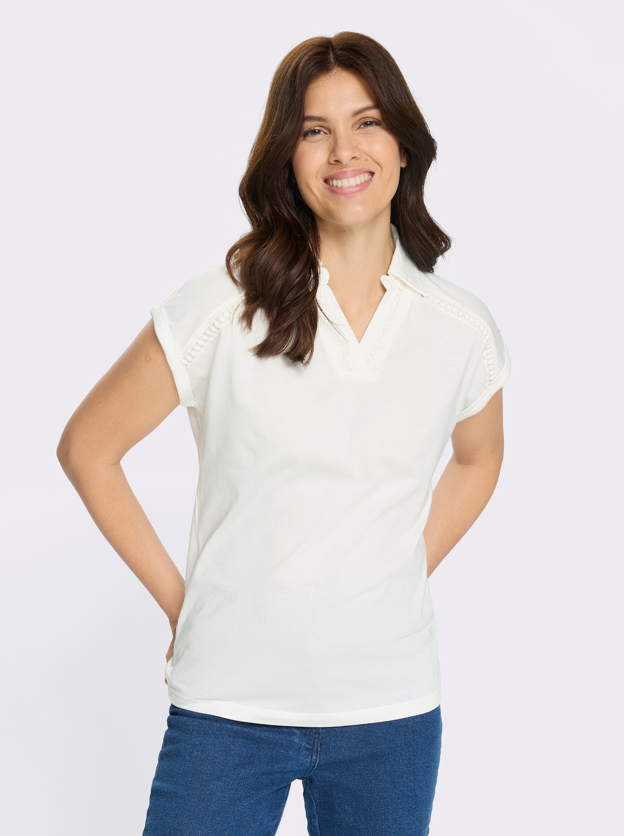 Poloshirt mit Spitzenborte - ecru