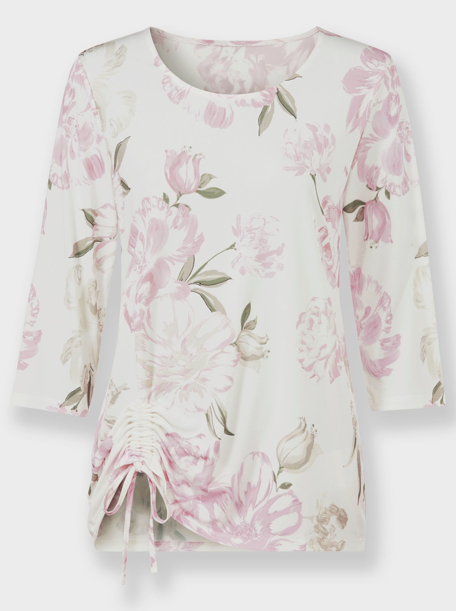 Shirt met 3/4-mouwen en rimpeling - ecru/roze geprint