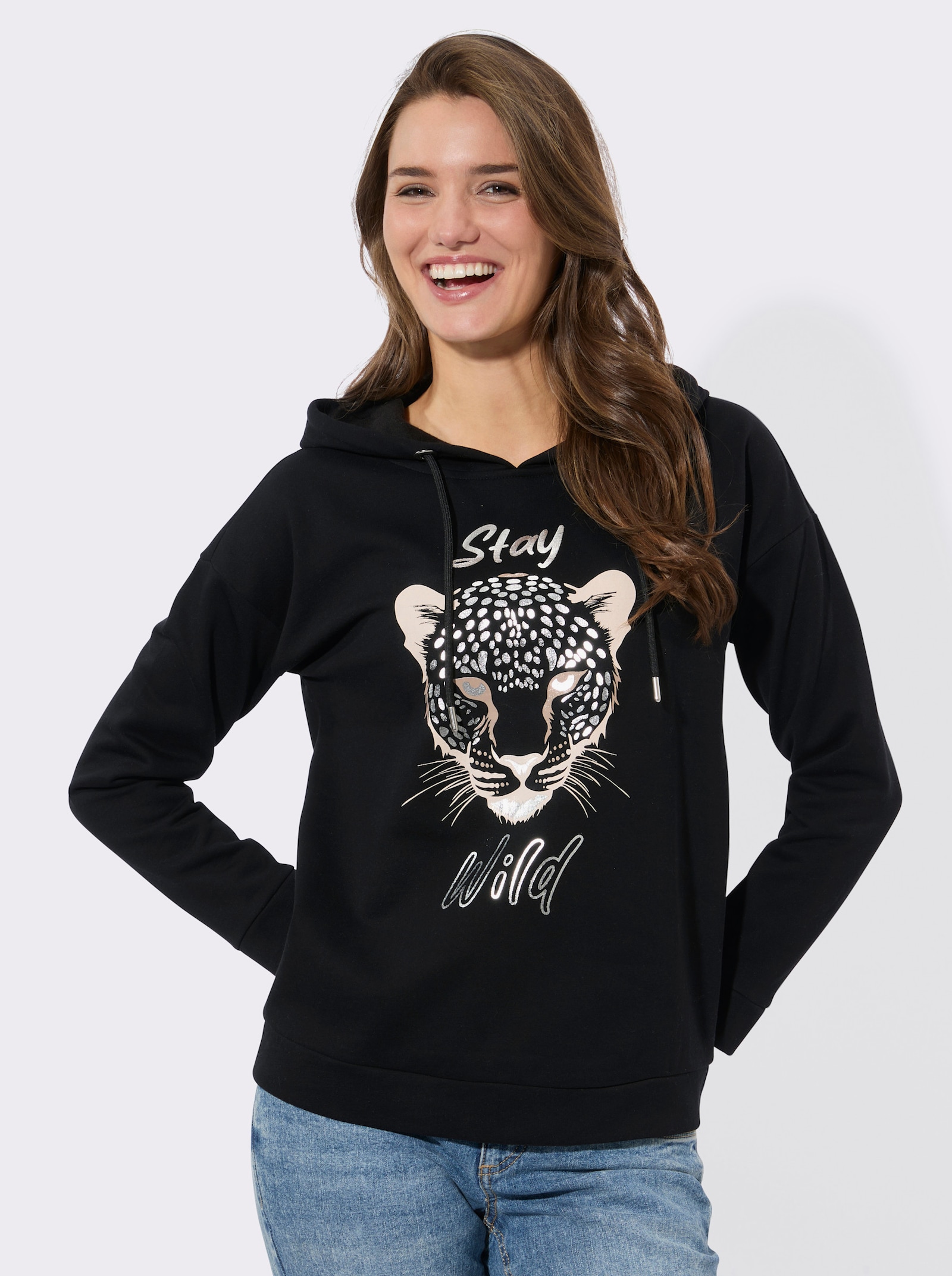 Sweatshirt mit glänzendem Leo-Motiv - schwarz