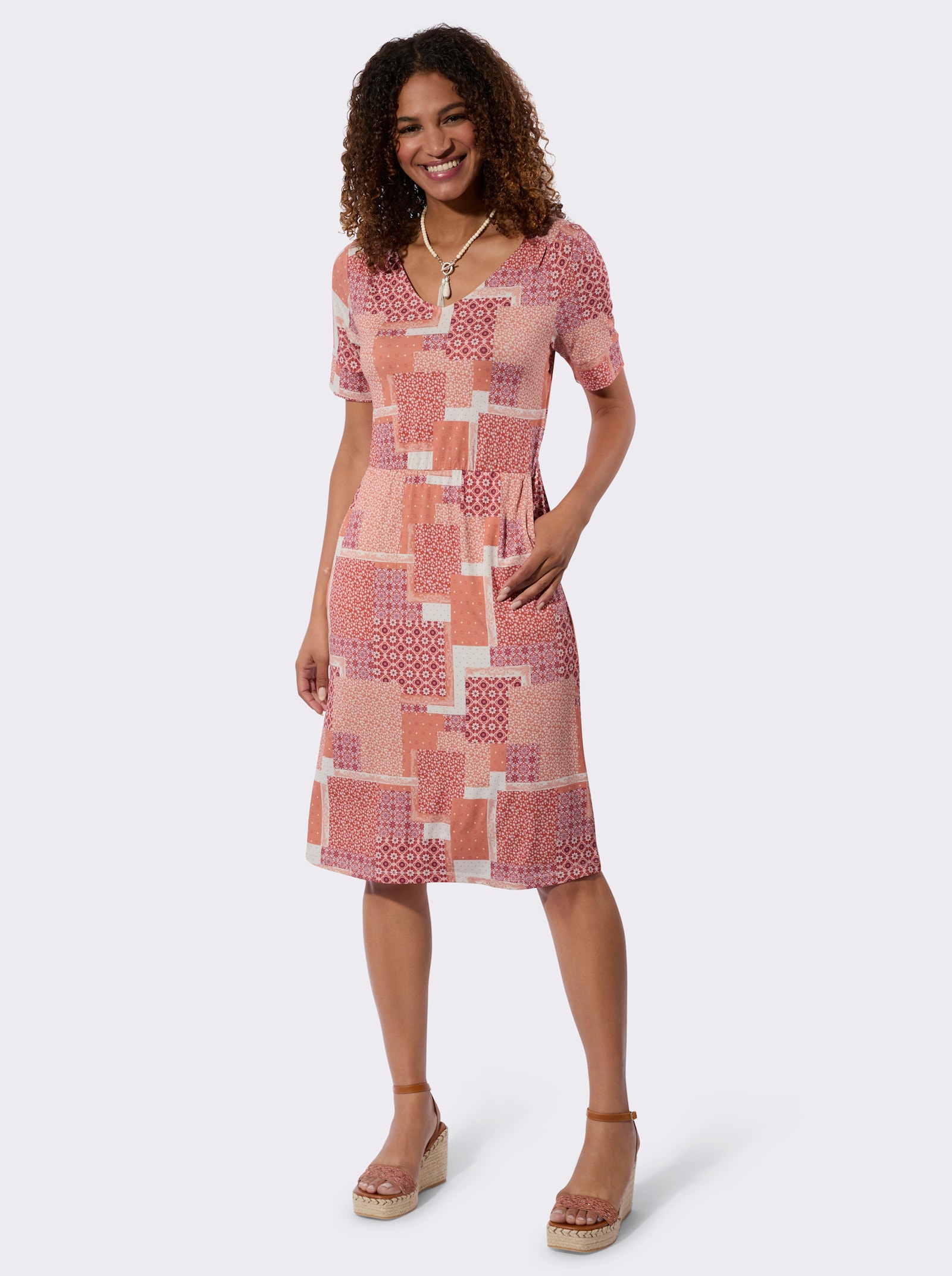 Jerseykleid mit Taillennaht - champagner-papaya-bedruckt