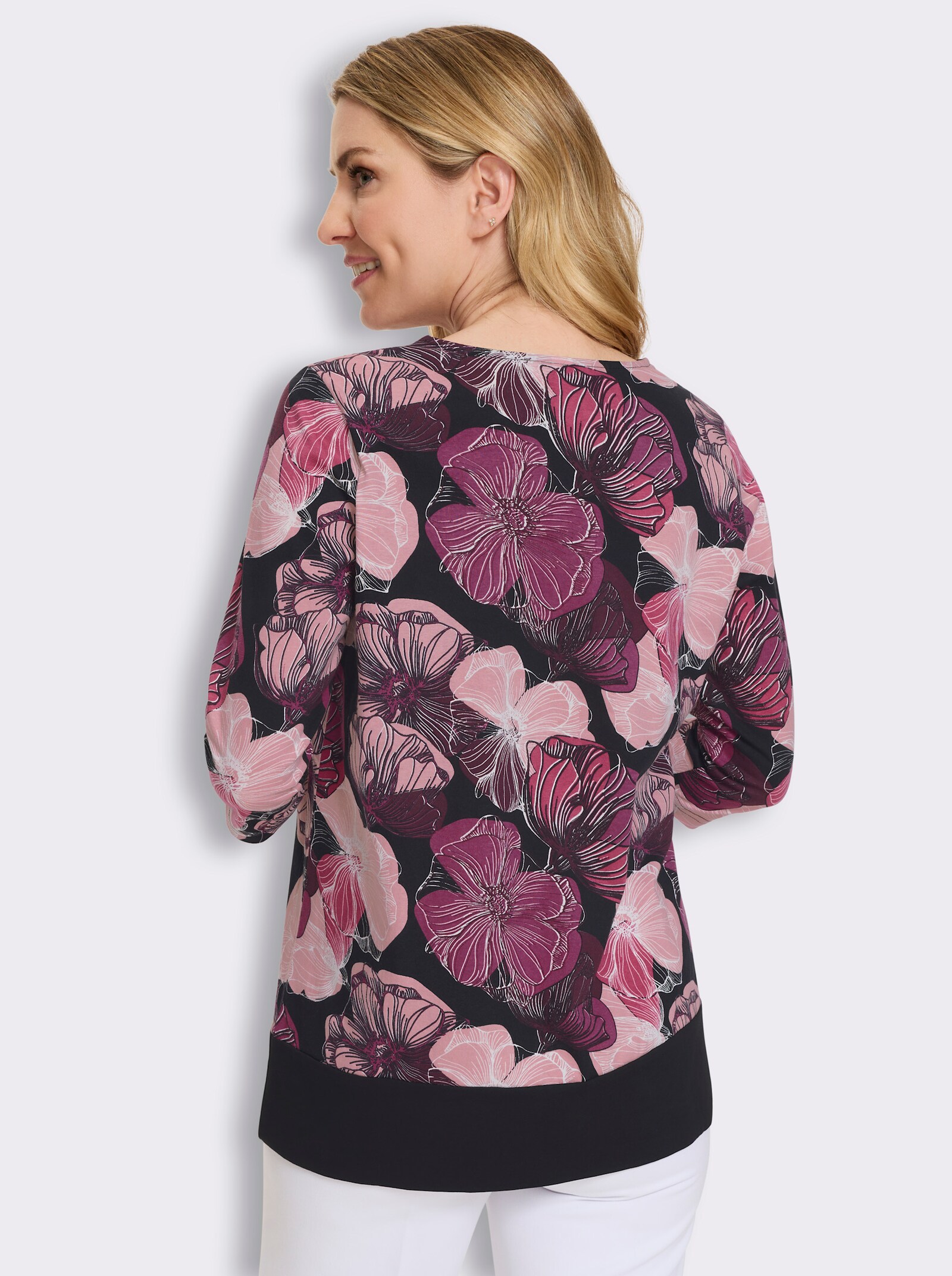 Longshirt in figurfreundlicher A-Linie - fuchsia-schwarz-bedruckt