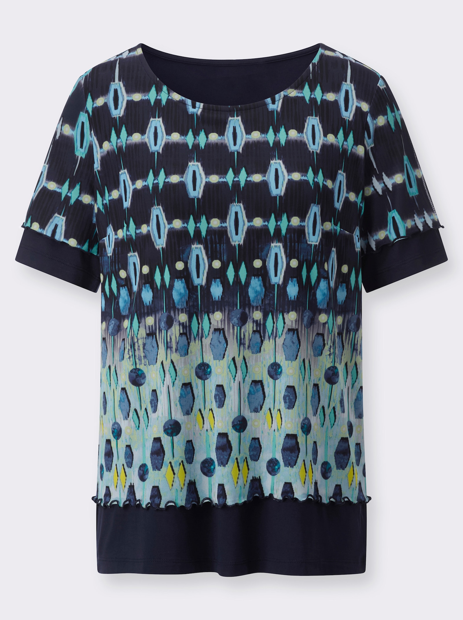 Rundhalsshirt im Lagenlook - marine-hellblau-bedruckt