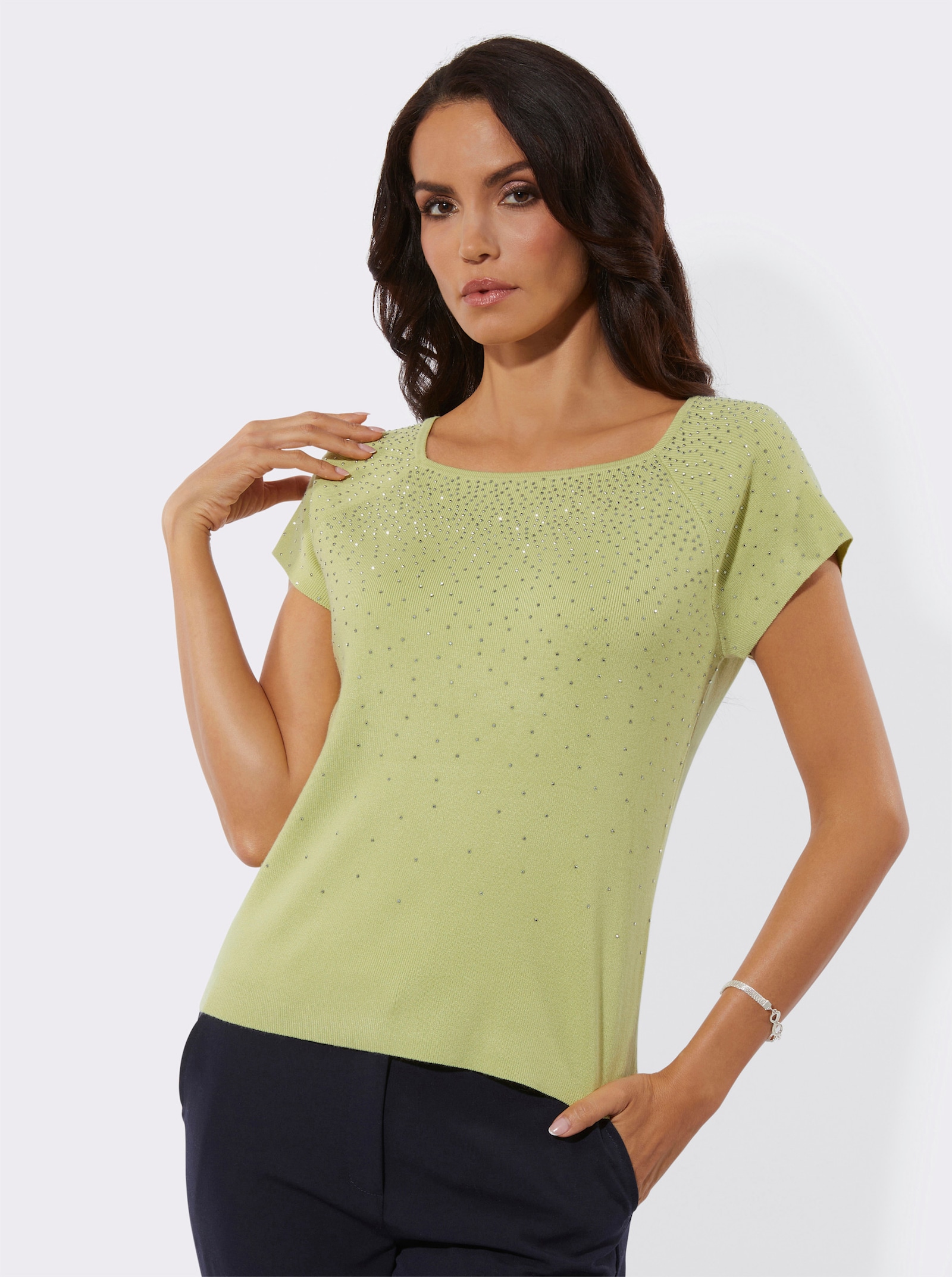 Kurzarmpullover mit Schmucksteinchen - pistazie