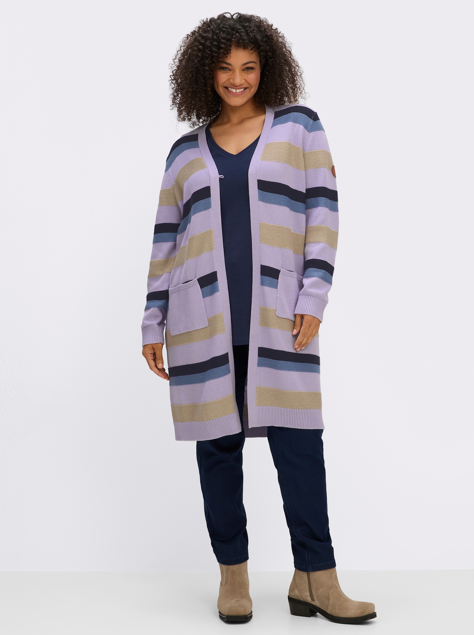 sheego Strickmantel mit Blockstreifen - flieder-taubenblau-geringelt