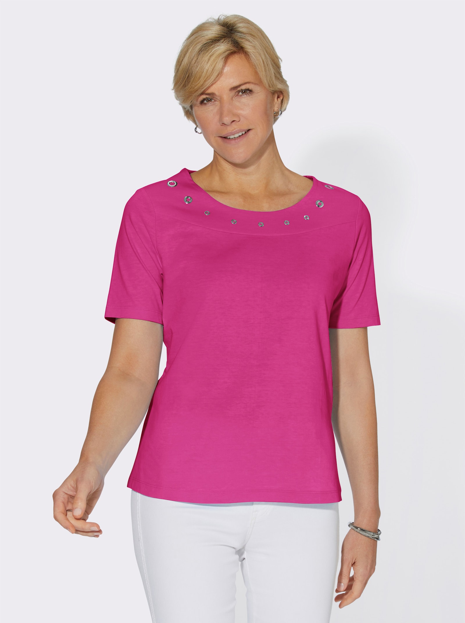 Shirt met korte mouwen en paillettenversiering - fuchsia