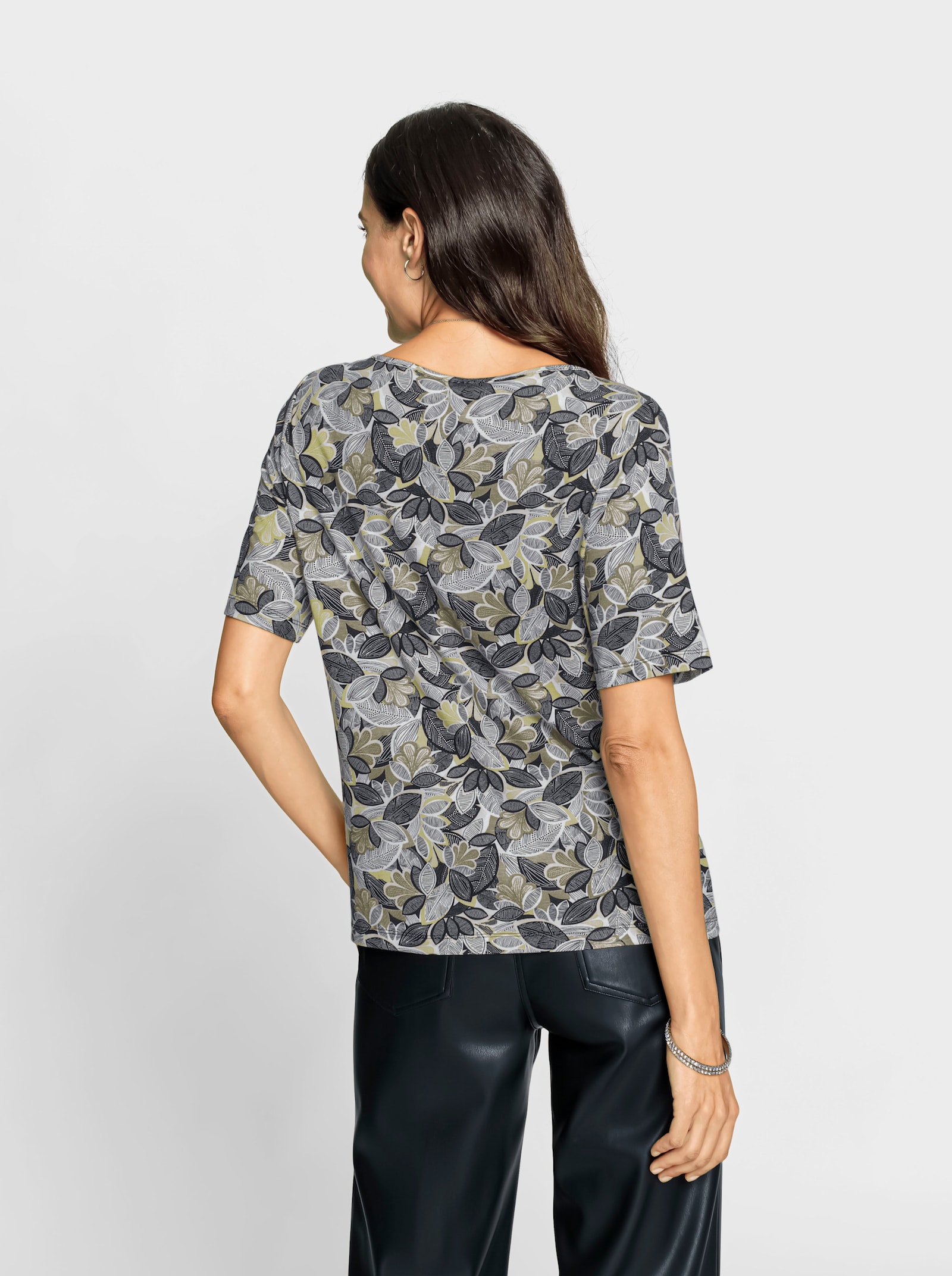 Print-Shirt mit paspeliertem U-Boot-Ausschnitt - khaki-lindgrün-bedruckt