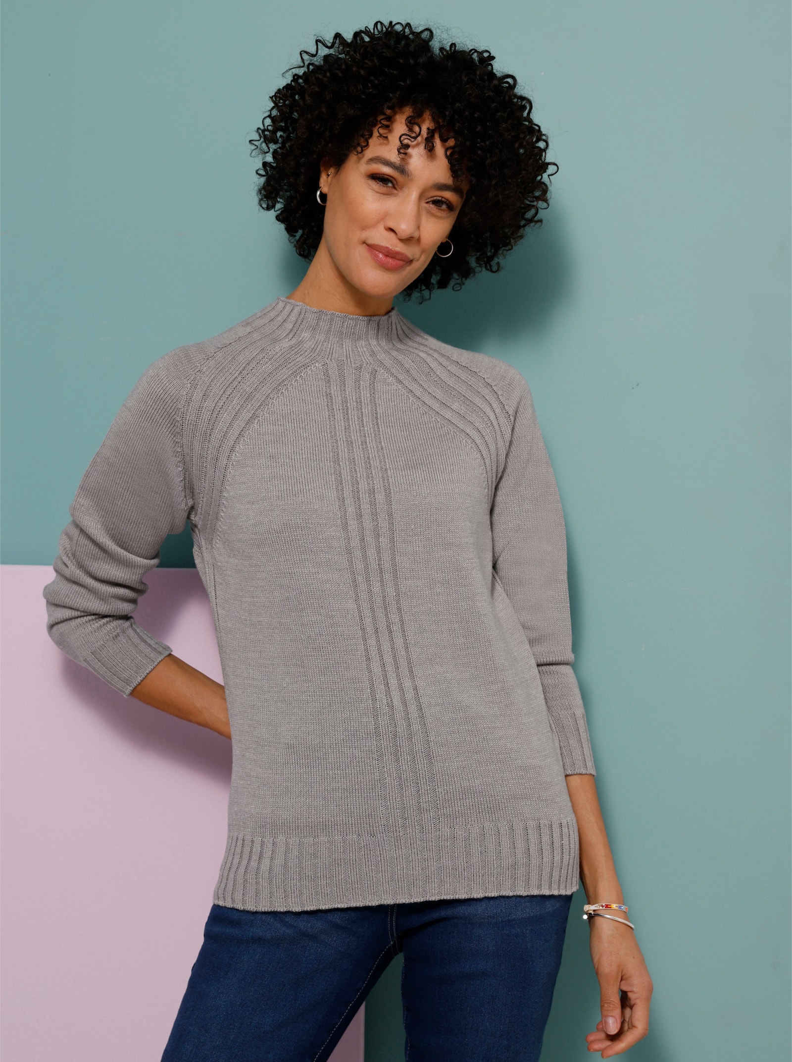 Langarm-Pullover mit Rippeinsätzen - steingrau-ecru-meliert