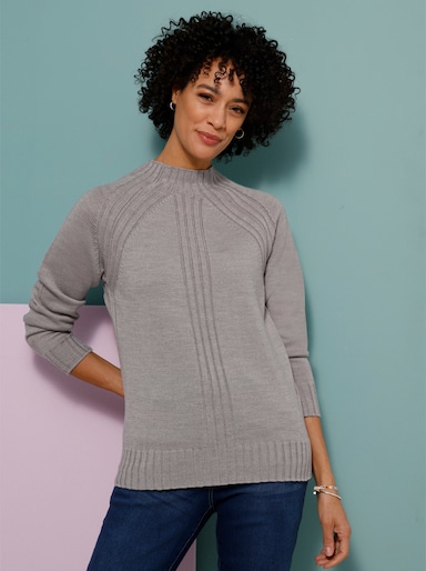 Langarm-Pullover mit Rippeinsätzen - steingrau-ecru-meliert