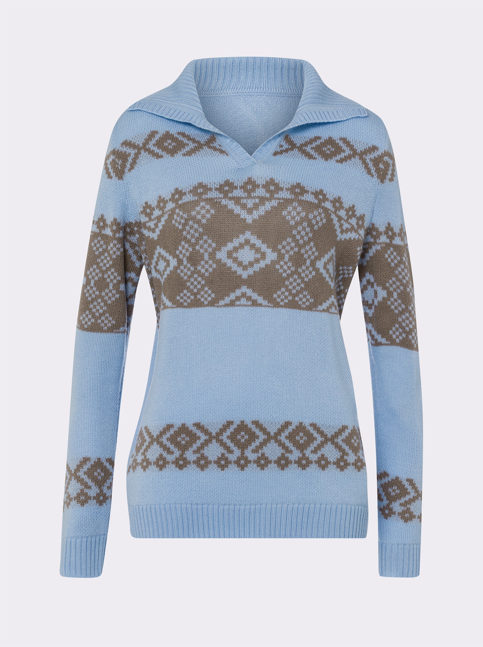 Norwegerpullover in Jacquard-Strick - eisblau-taupe-gemustert