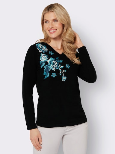 V-Ausschnitt-Pullover mit Blütenstickerei - schwarz-topas-gemustert