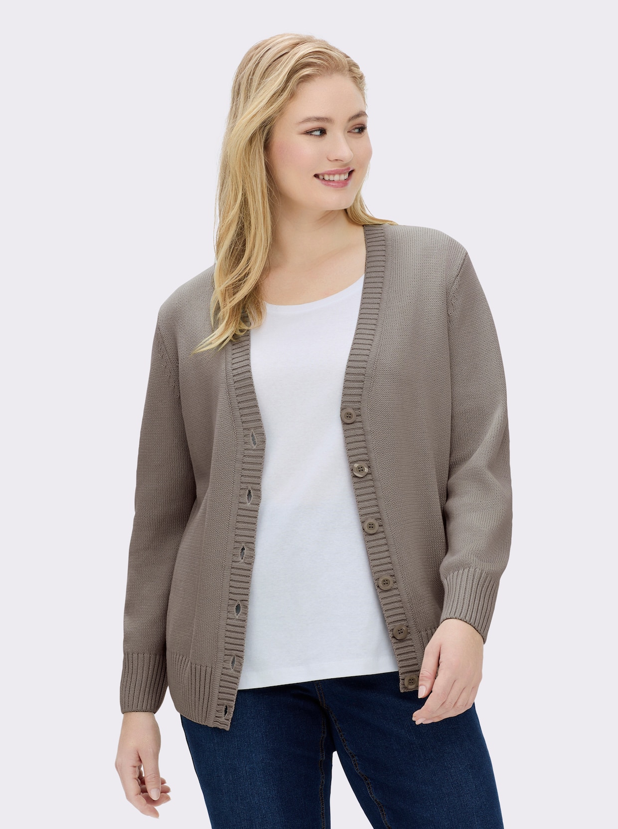 Strickjacke mit farblich abgestimmten Knöpfen - taupe-meliert
