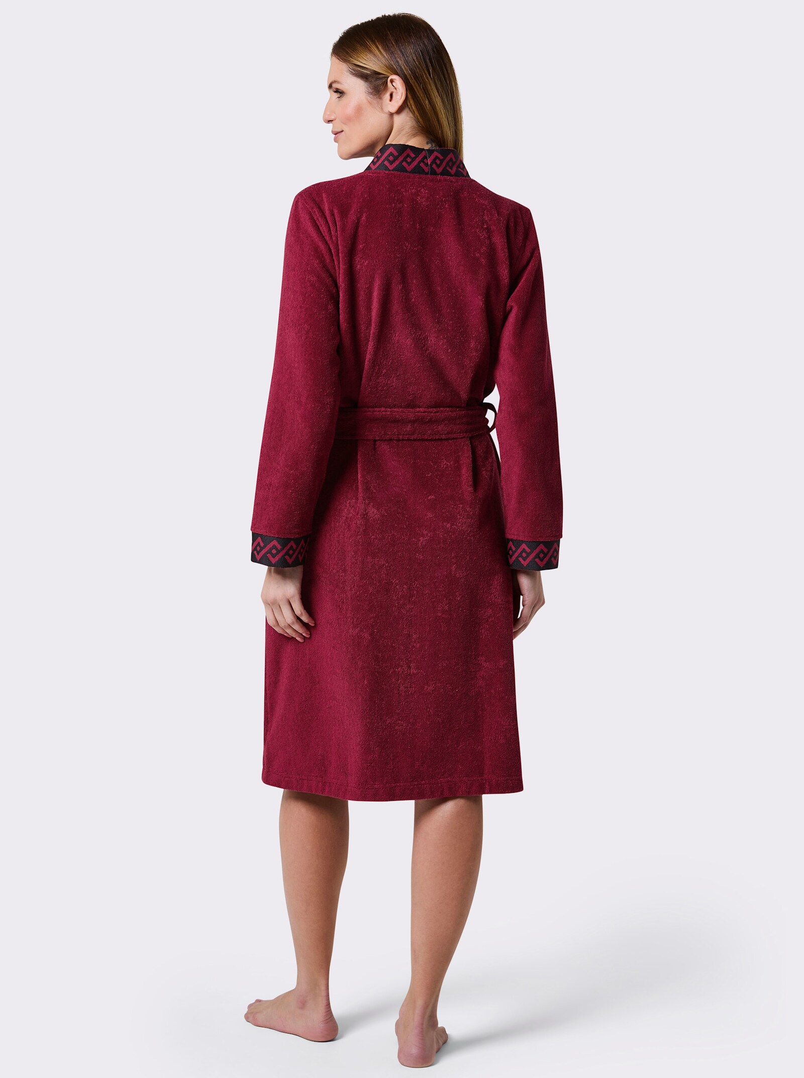 feel good Damenbademantel mit Webblende - dunkelrot-schwarz